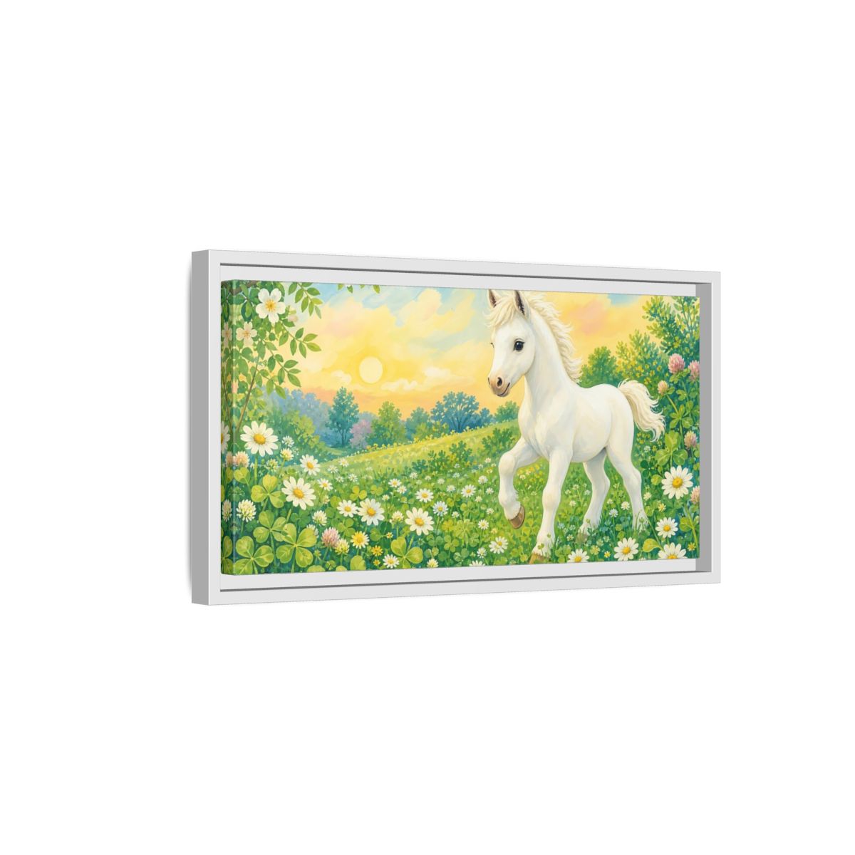 Side Mockup 6. Animals White Pony White Pony shown as stretched canvas wall art