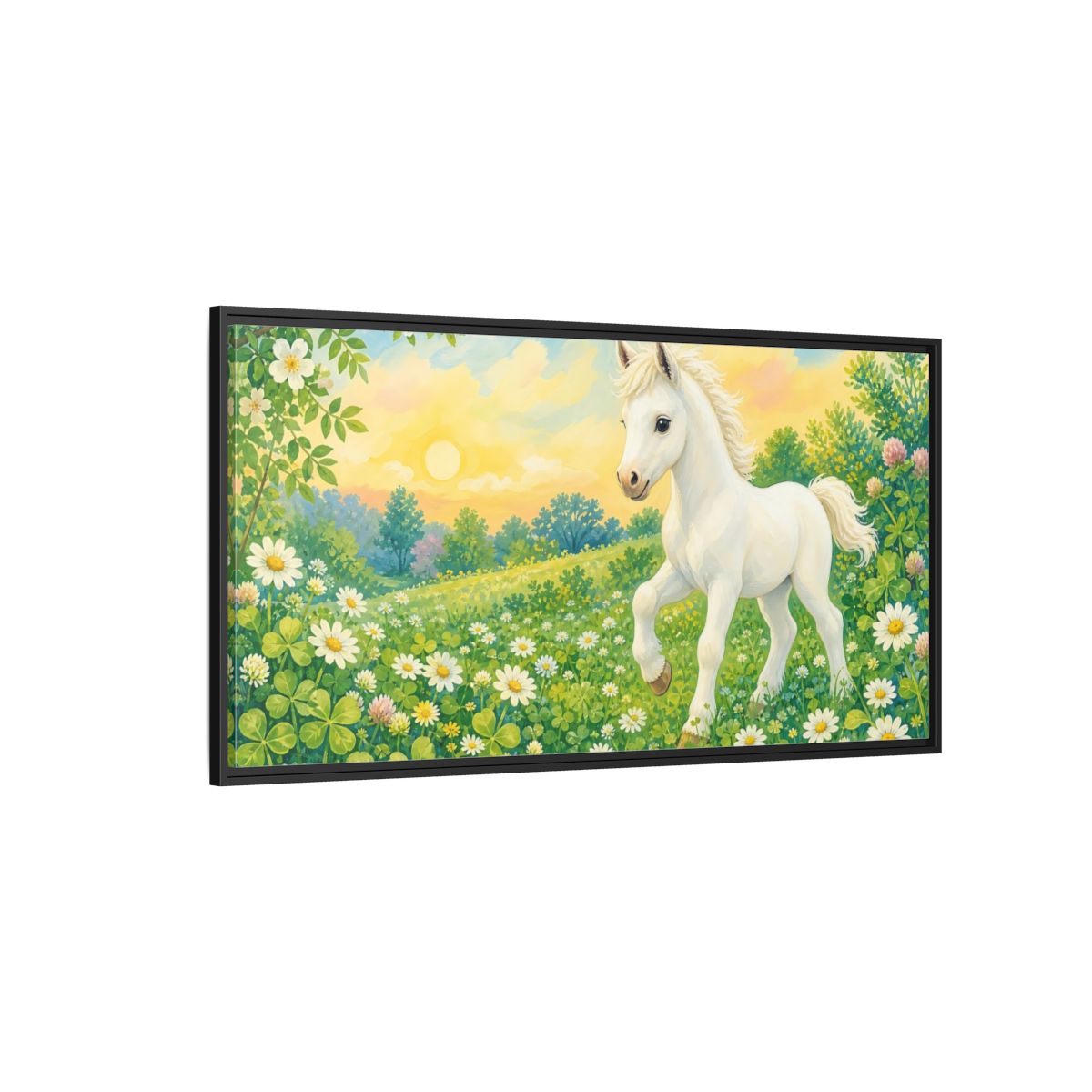 Side Mockup 5. Animals White Pony White Pony shown as stretched canvas wall art