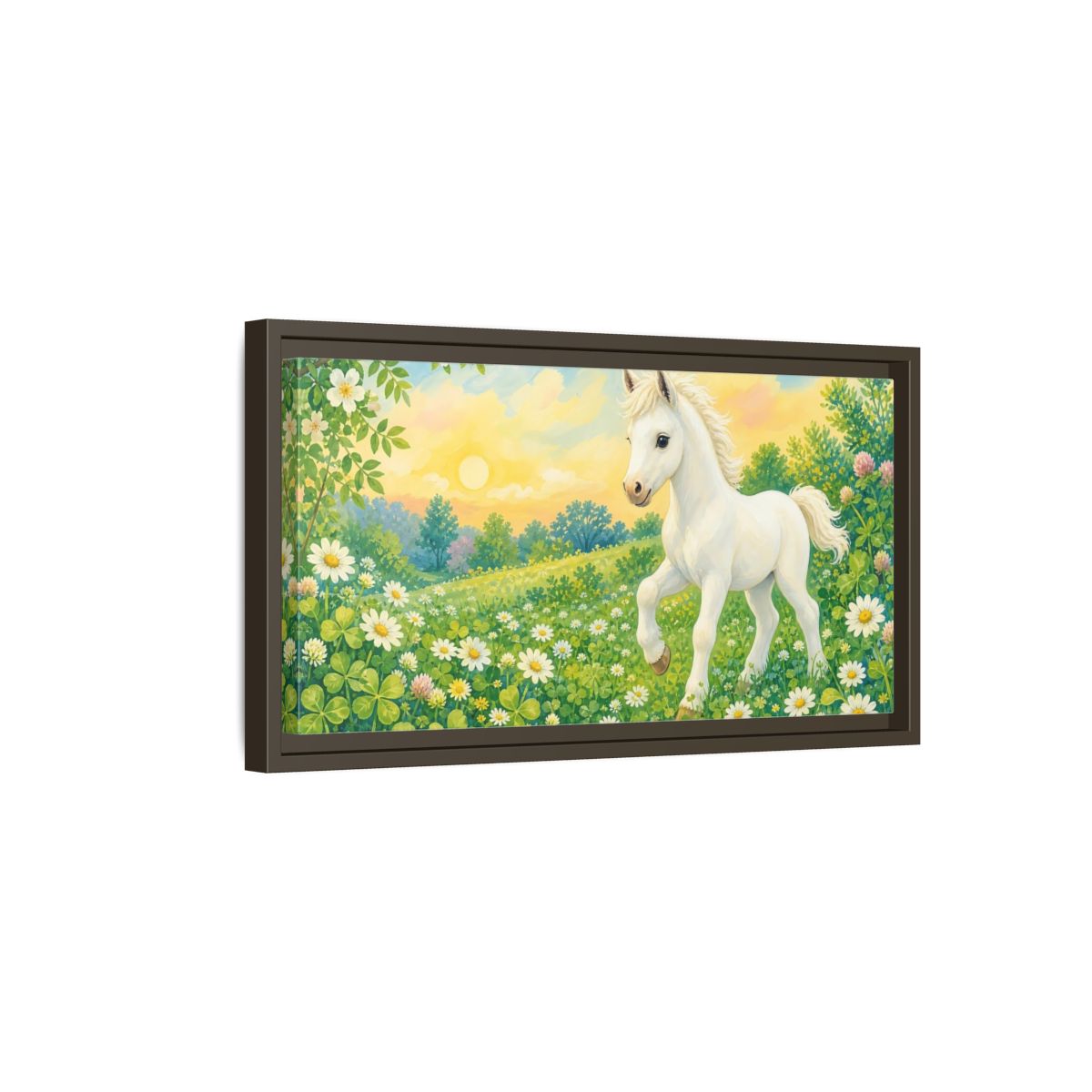 Side Mockup 7. Animals White Pony White Pony shown as stretched canvas wall art