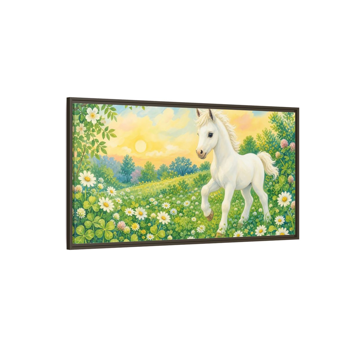 Side Mockup 4. Animals White Pony White Pony shown as stretched canvas wall art