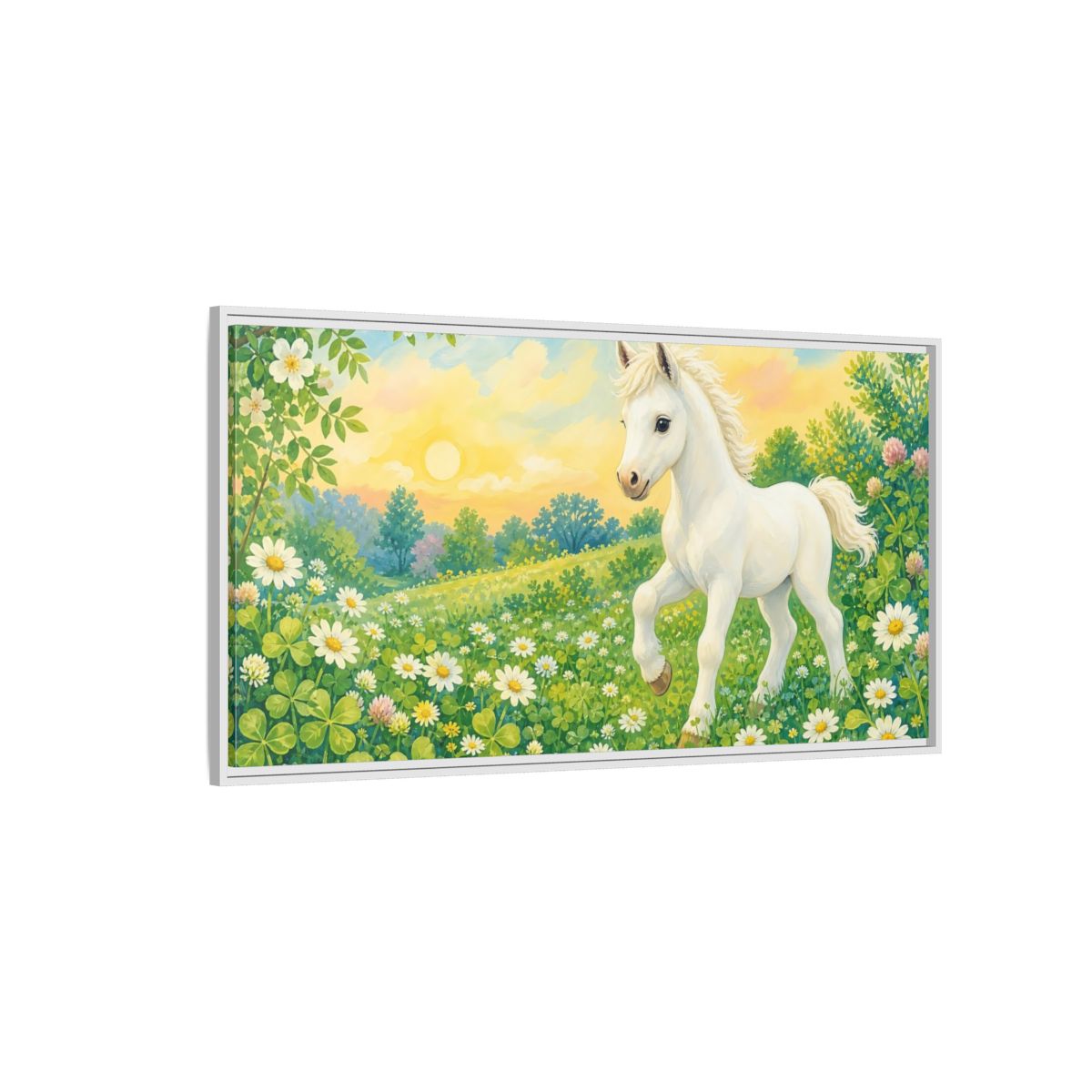 Side Mockup 3. Animals White Pony White Pony shown as stretched canvas wall art