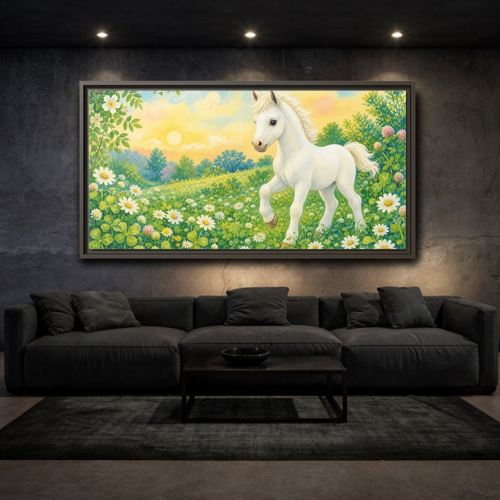Mockup 2. Animals White Pony White Pony shown as stretched canvas wall art