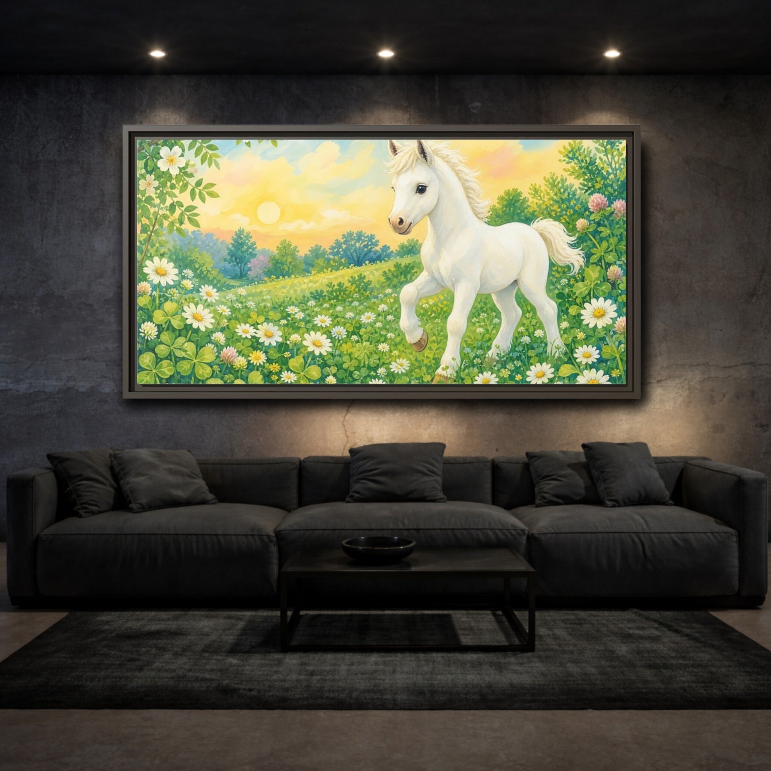 Mockup 2. Animals White Pony White Pony shown as stretched canvas wall art