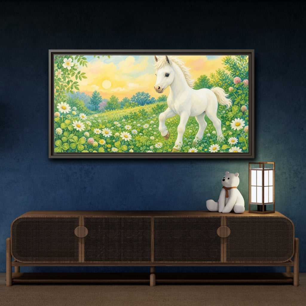 Mockup 4. Animals White Pony White Pony shown as stretched canvas wall art