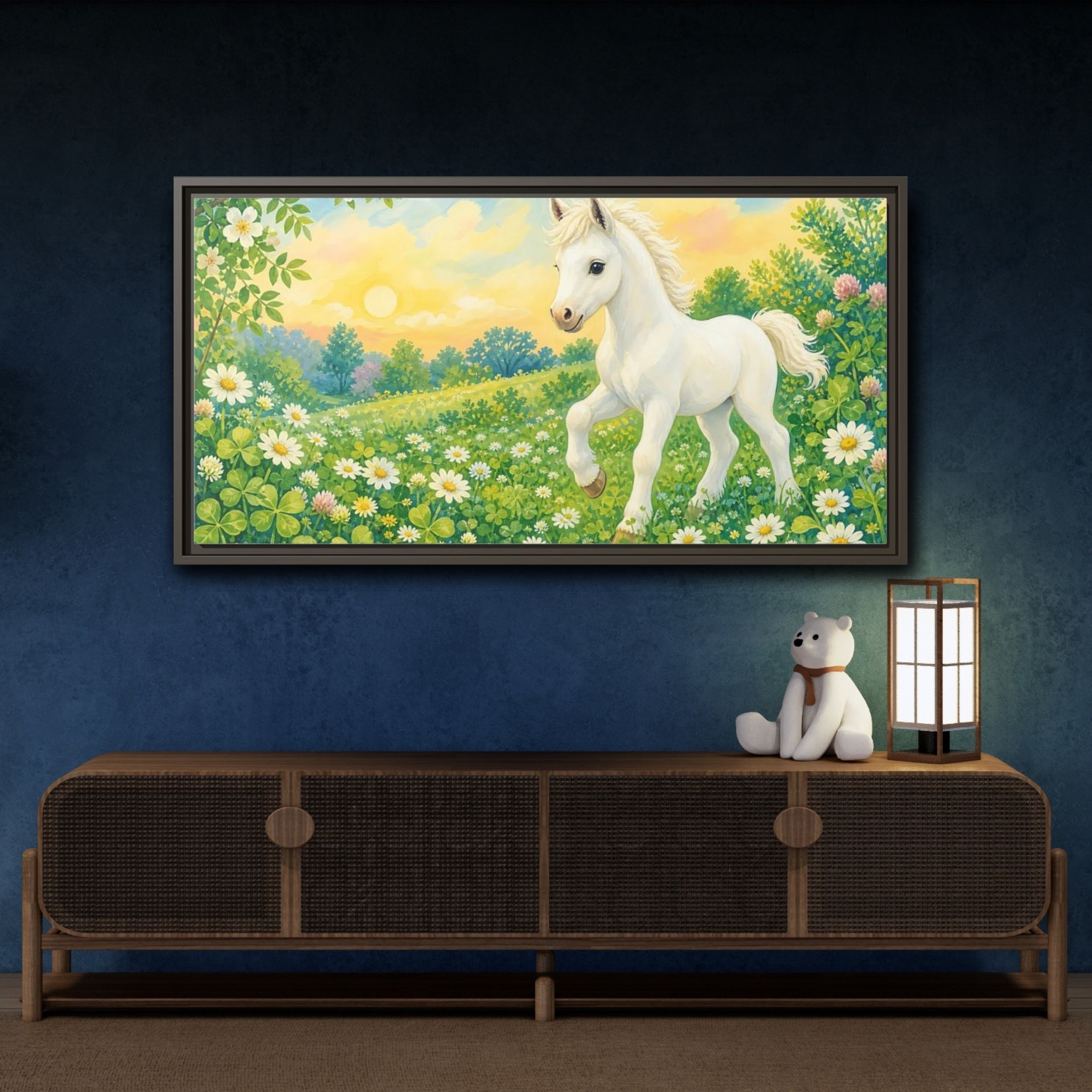 Mockup 4. Animals White Pony White Pony shown as stretched canvas wall art