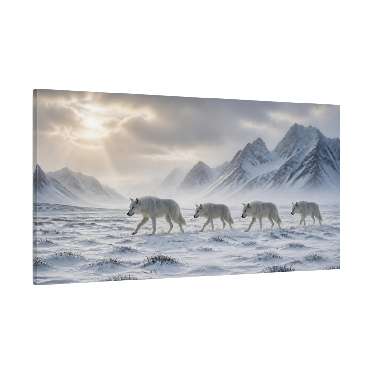 Side Mockup 2. Animals White Wolves White Wolves Snow shown as stretched canvas wall art
