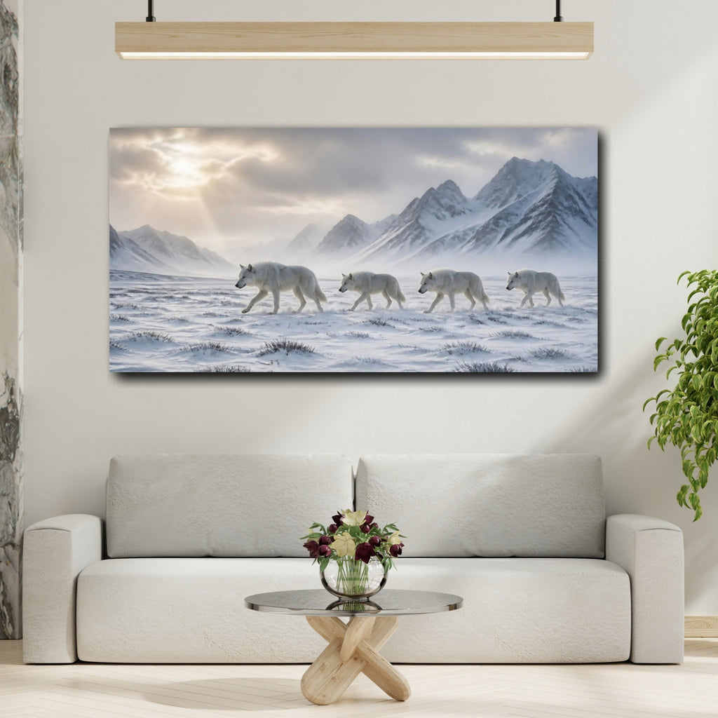 Mockup 2. Animals White Wolves White Wolves Snow shown as stretched canvas wall art