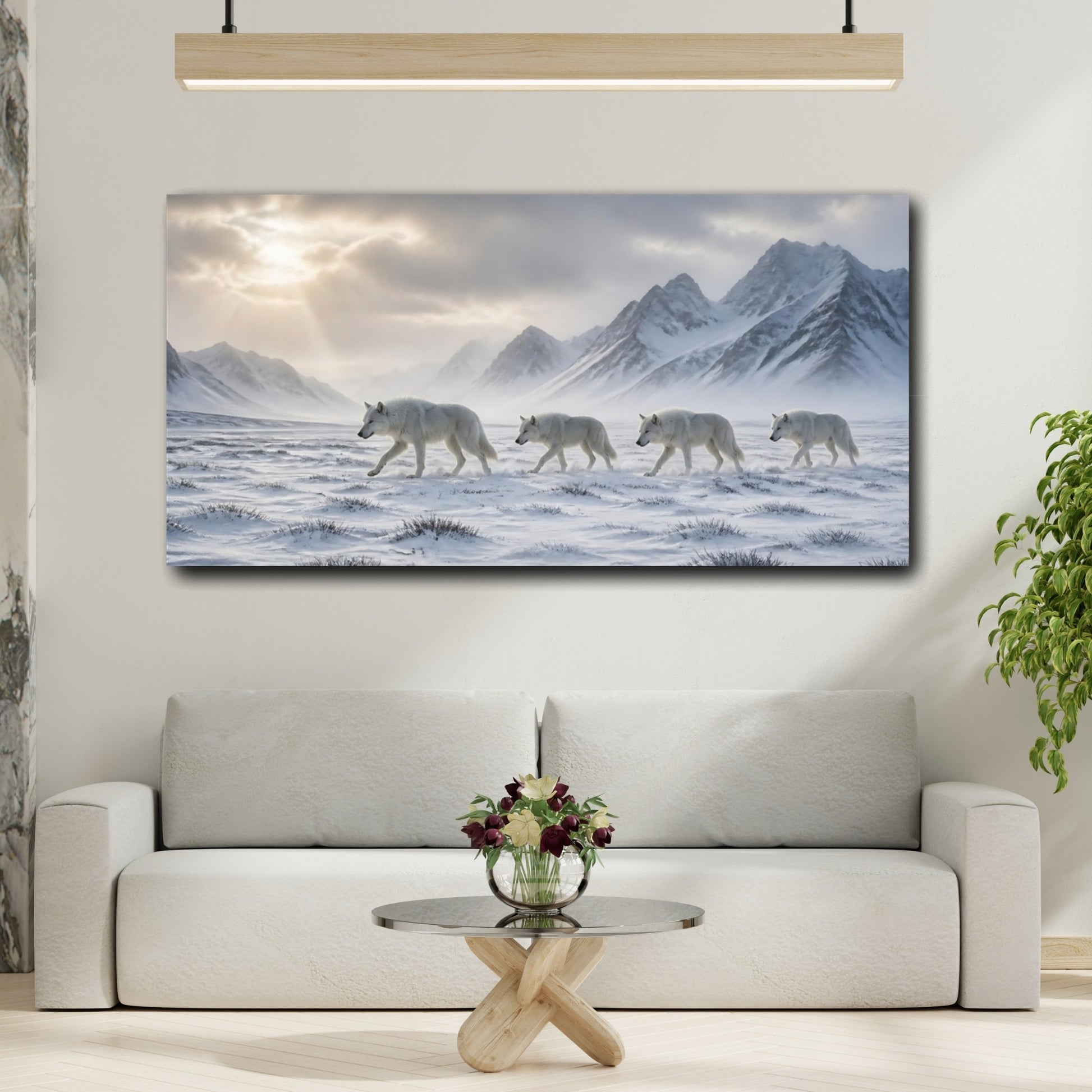 Mockup 2. Animals White Wolves White Wolves Snow shown as stretched canvas wall art