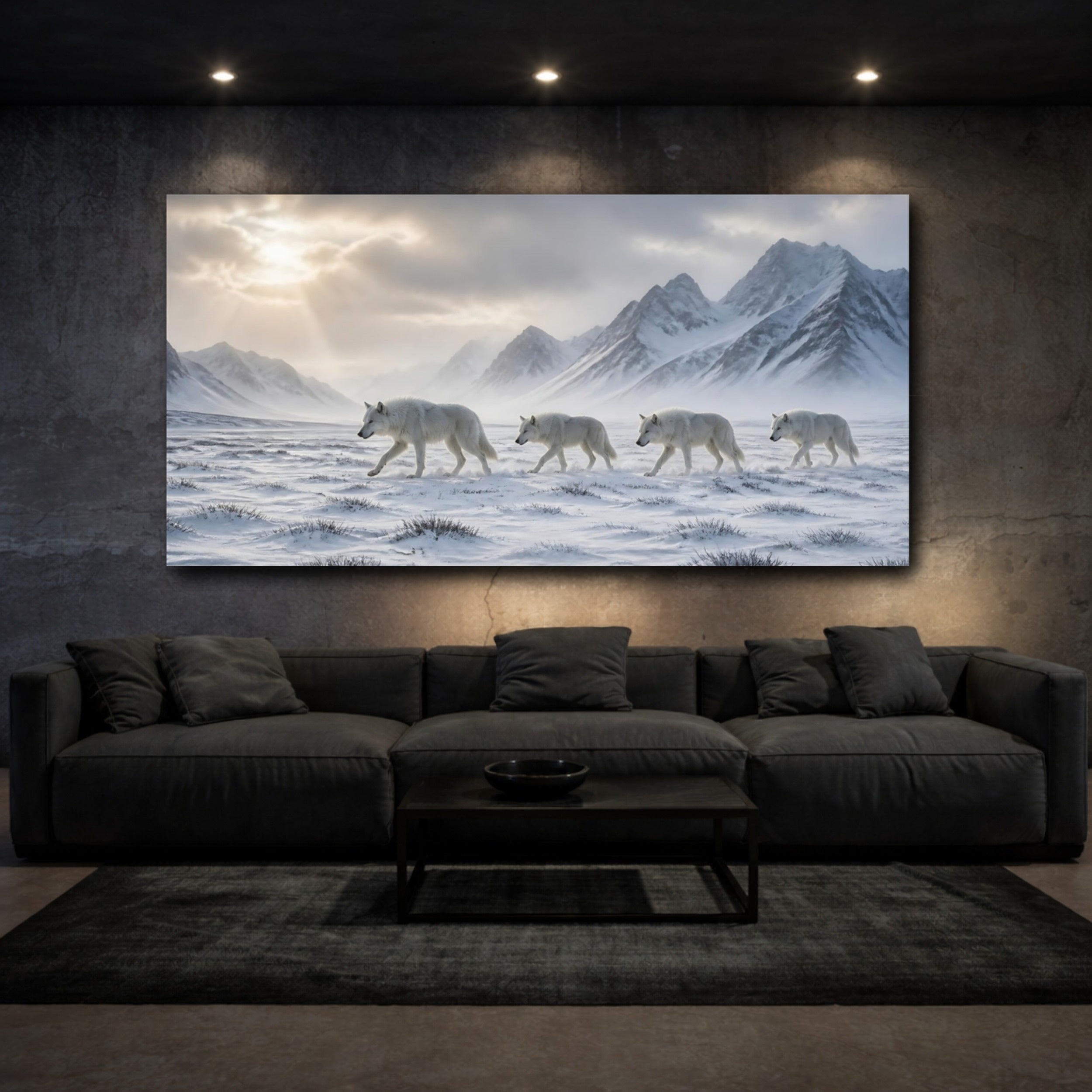 Mockup 3. Animals White Wolves White Wolves Snow shown as stretched canvas wall art