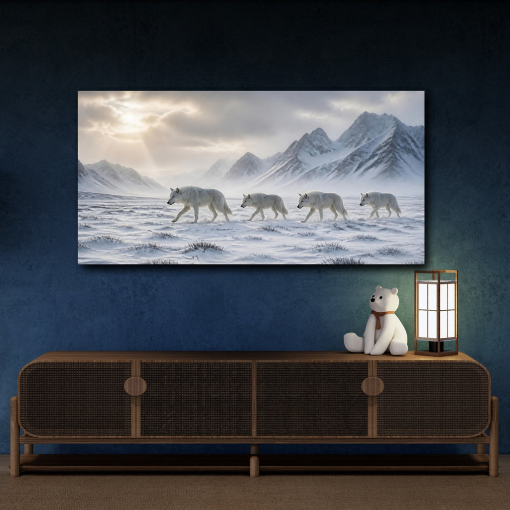Mockup 4. Animals White Wolves White Wolves Snow shown as stretched canvas wall art