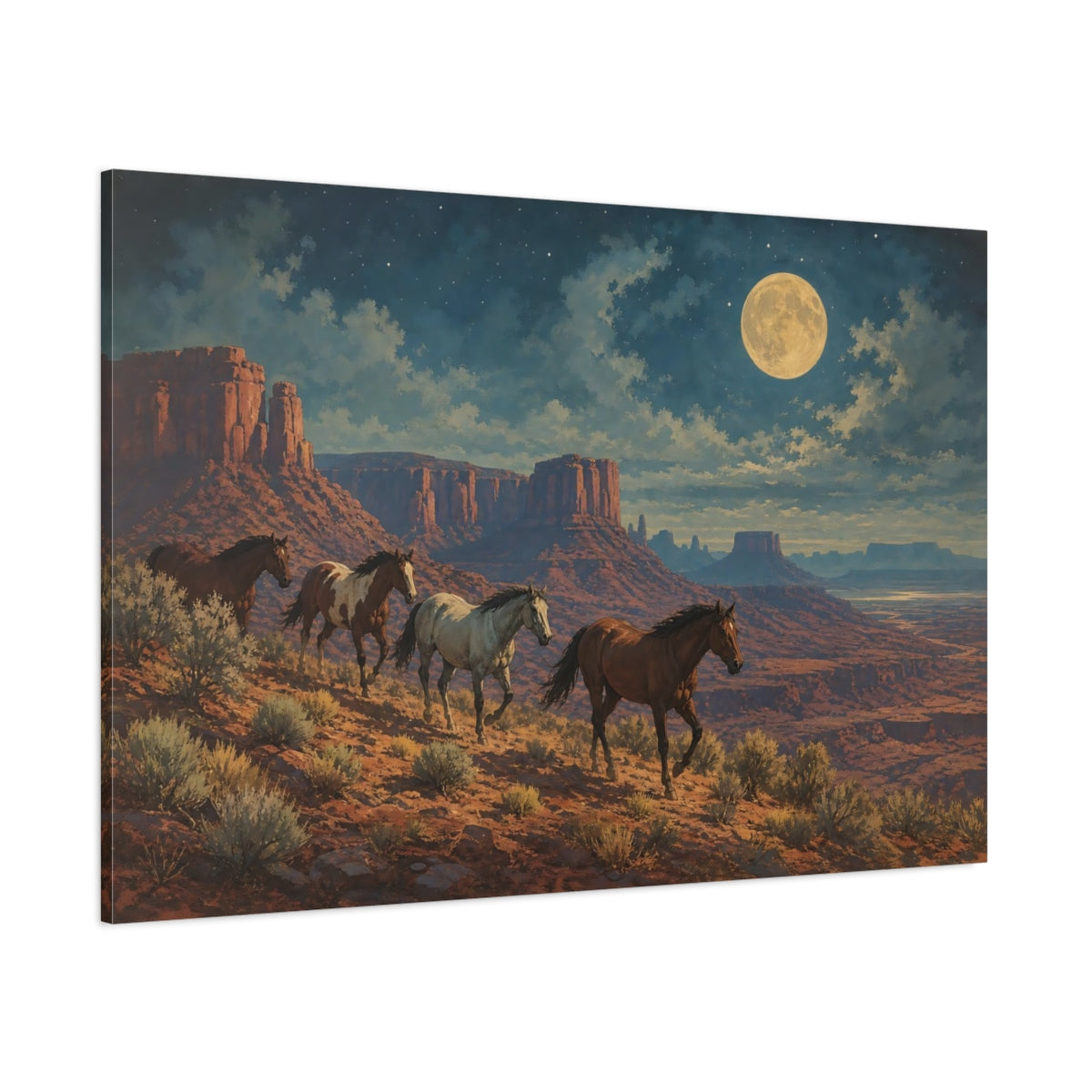 Side Mockup 1. Animals Wild Horses Desert Night Horses shown as stretched canvas wall art