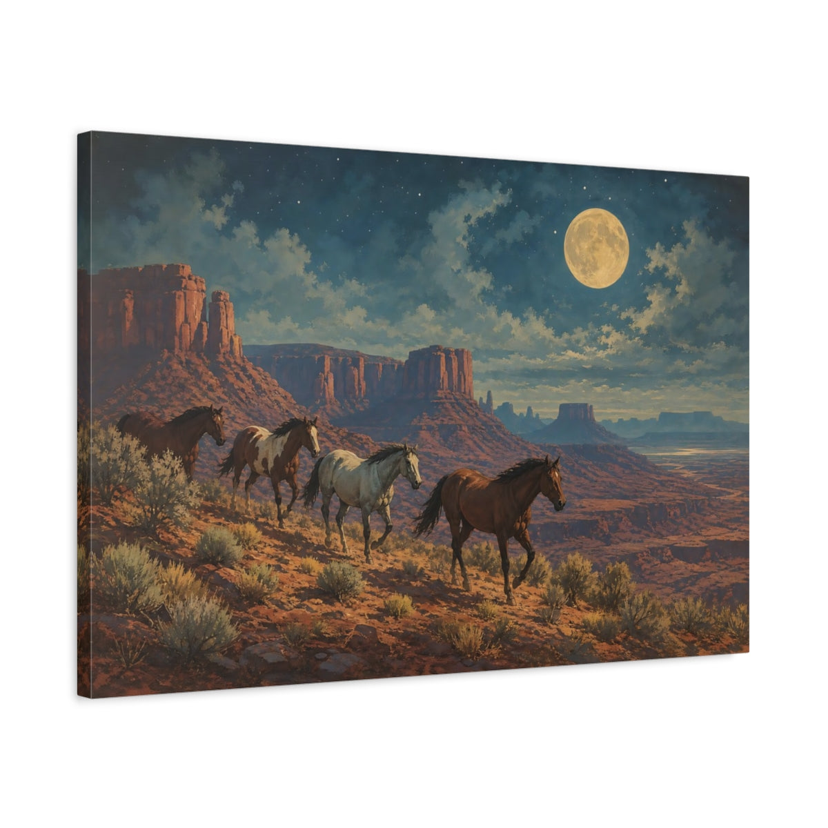 Side Mockup 2. Animals Wild Horses Desert Night Horses shown as stretched canvas wall art