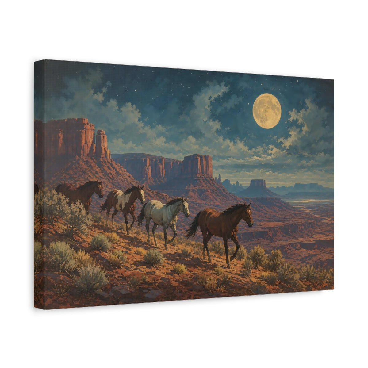 Side Mockup 4. Animals Wild Horses Desert Night Horses shown as stretched canvas wall art