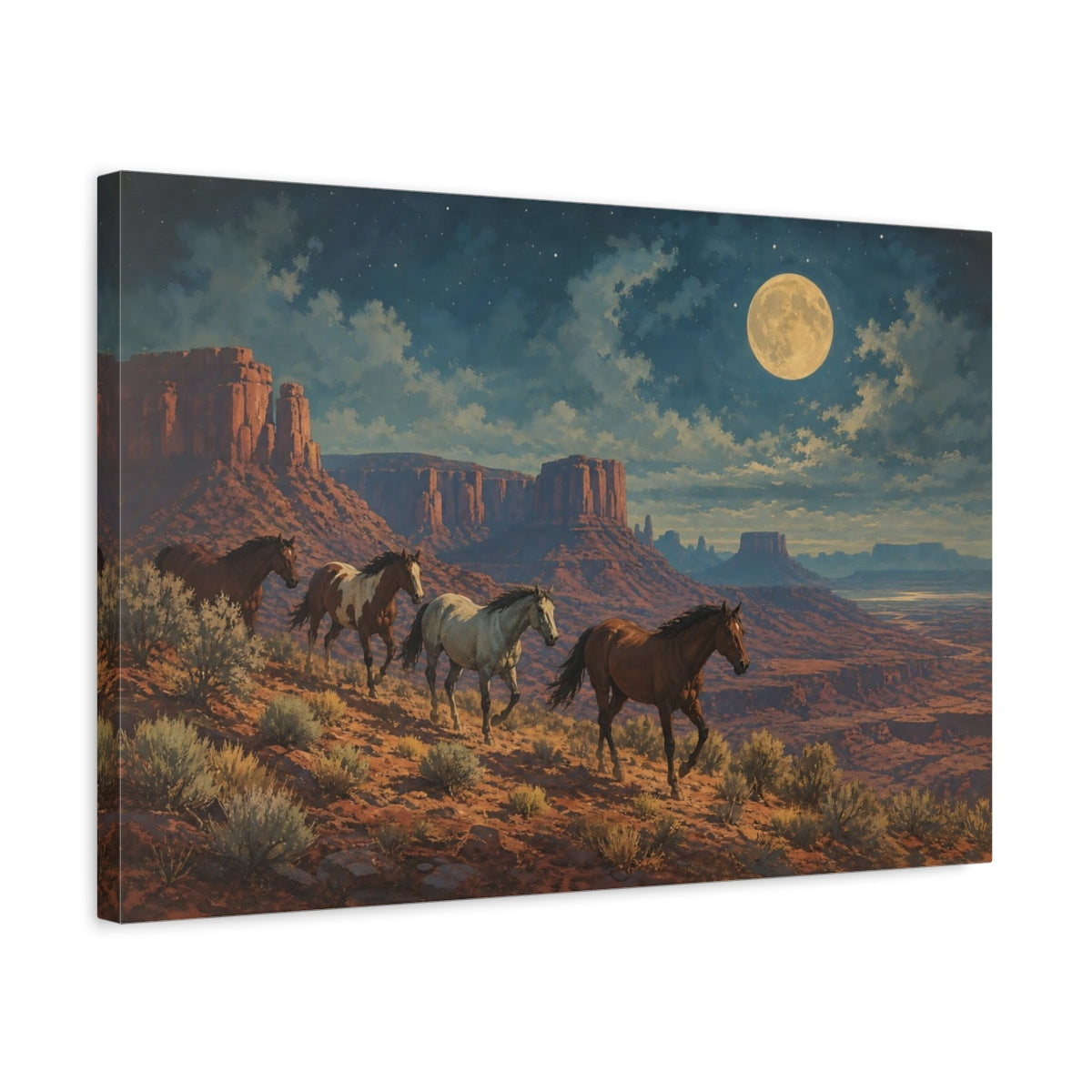Side Mockup 3. Animals Wild Horses Desert Night Horses shown as stretched canvas wall art