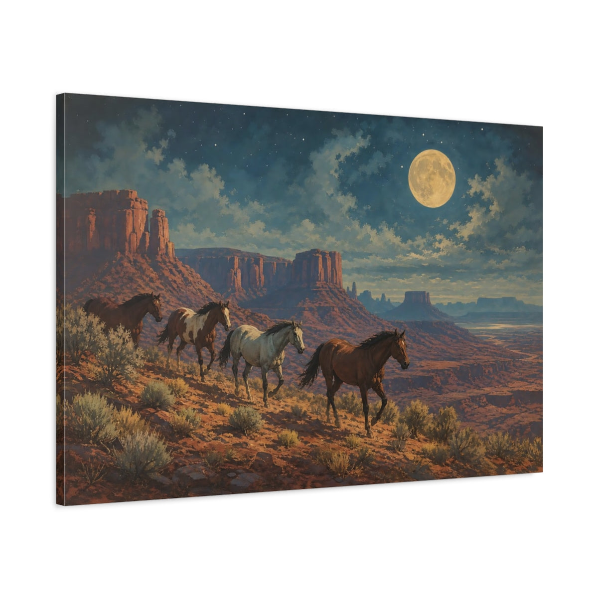 Main Mockup. Animals Wild Horses Desert Night Horses shown as stretched canvas wall art