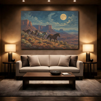 Mockup 2. Animals Wild Horses Desert Night Horses shown as stretched canvas wall art