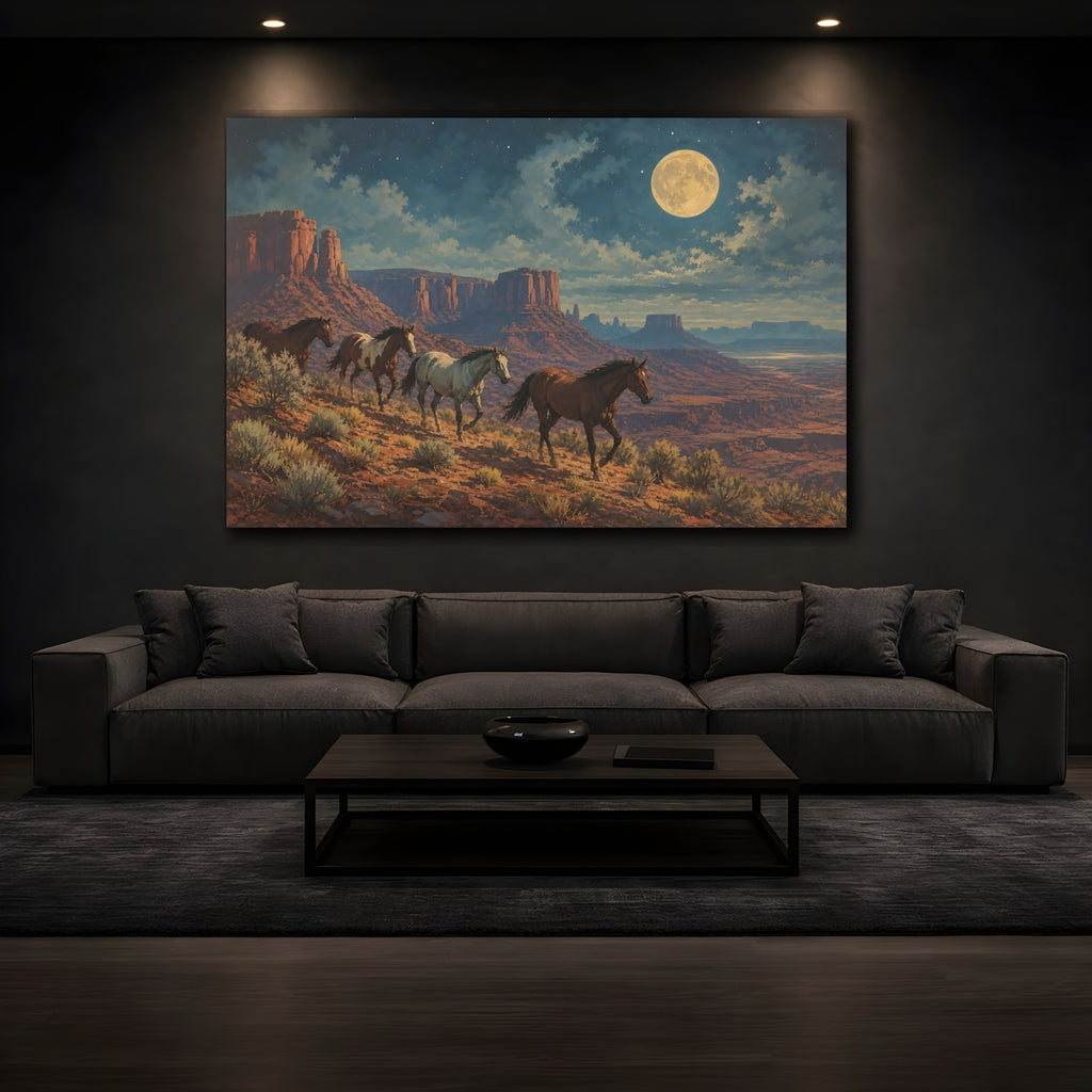 Mockup 3. Animals Wild Horses Desert Night Horses shown as stretched canvas wall art