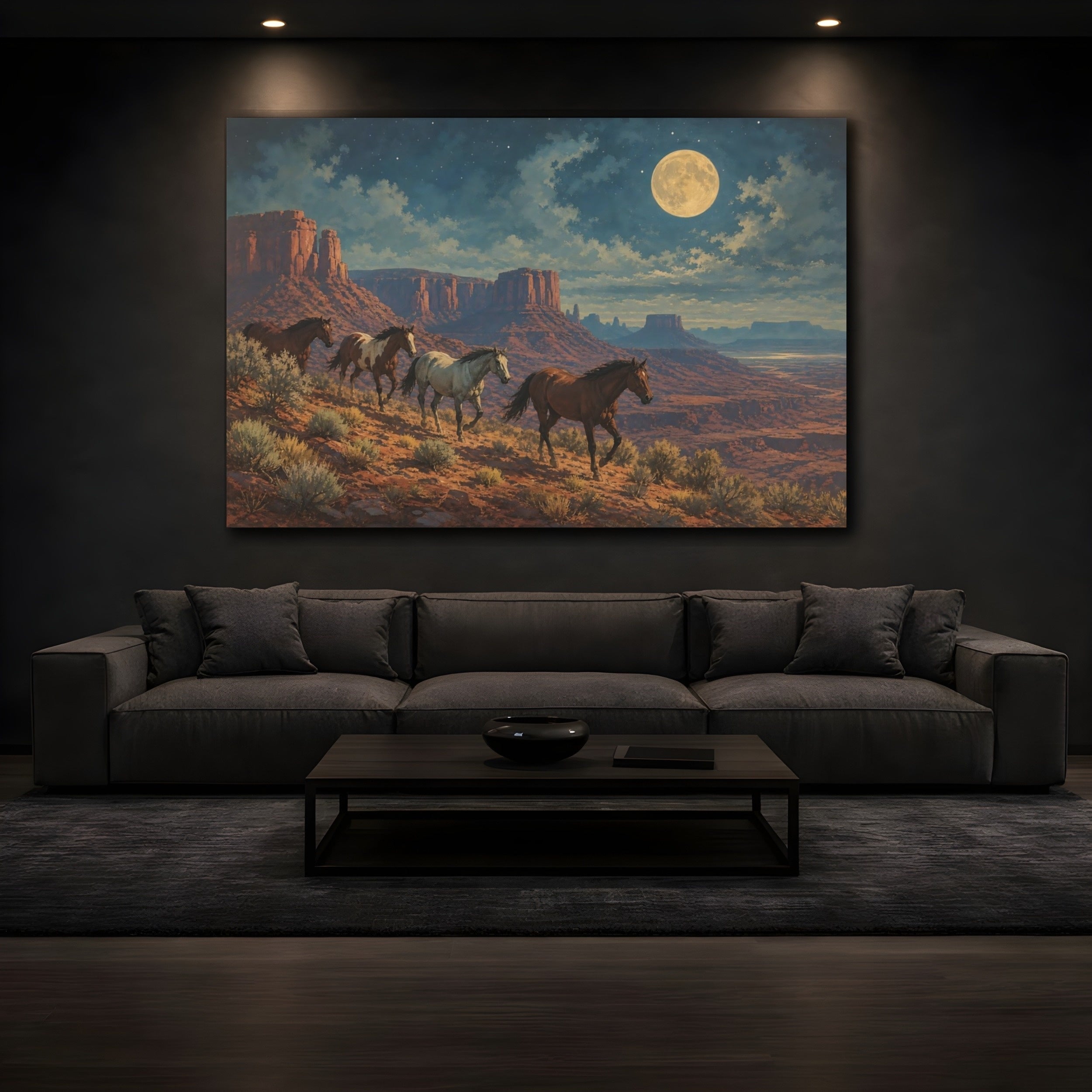 Mockup 3. Animals Wild Horses Desert Night Horses shown as stretched canvas wall art