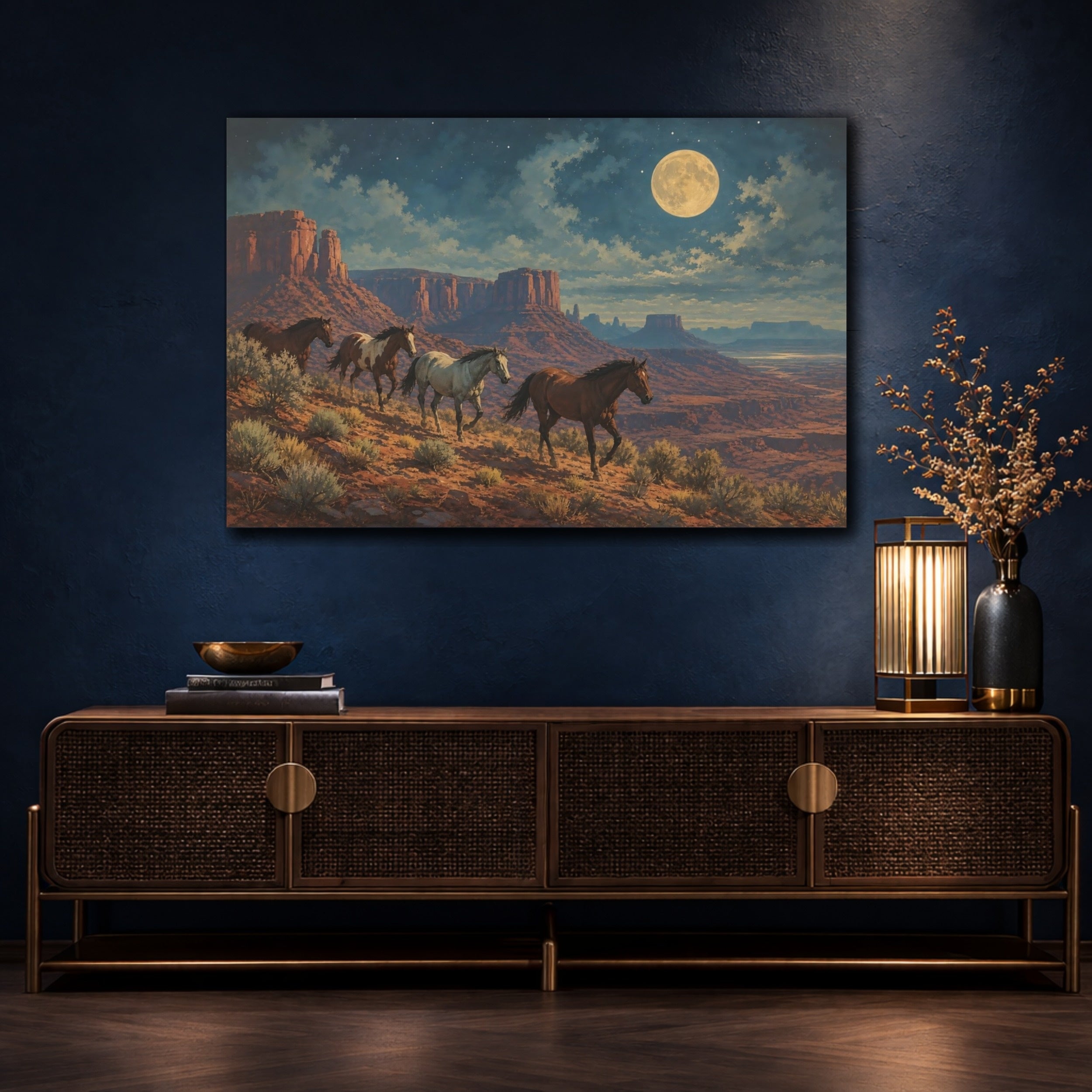 Mockup 4. Animals Wild Horses Desert Night Horses shown as stretched canvas wall art