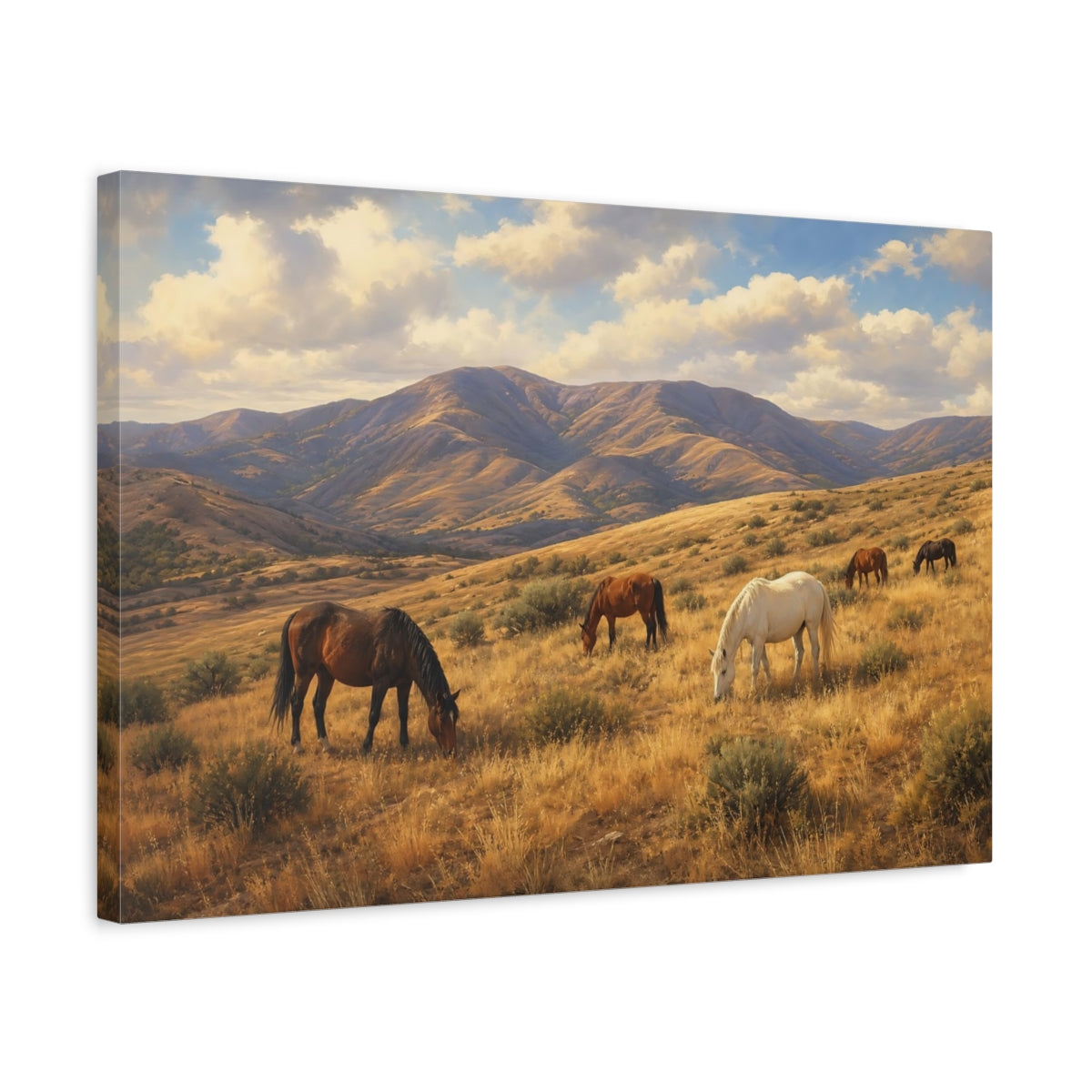 Side Mockup 3. Animals Wild Horses Golden Horse Landscape shown as stretched canvas wall art