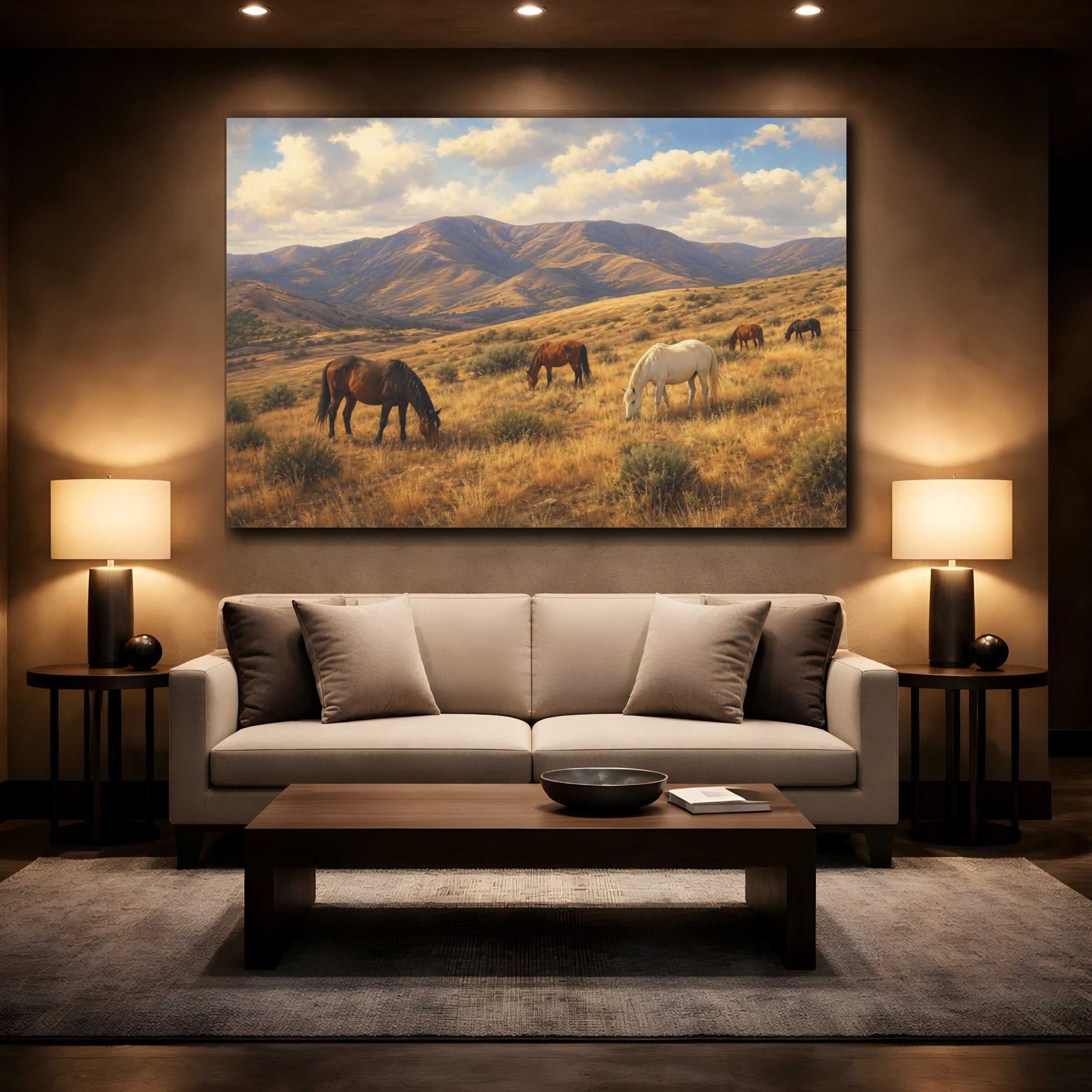 Mockup 2. Animals Wild Horses Golden Horse Landscape shown as stretched canvas wall art