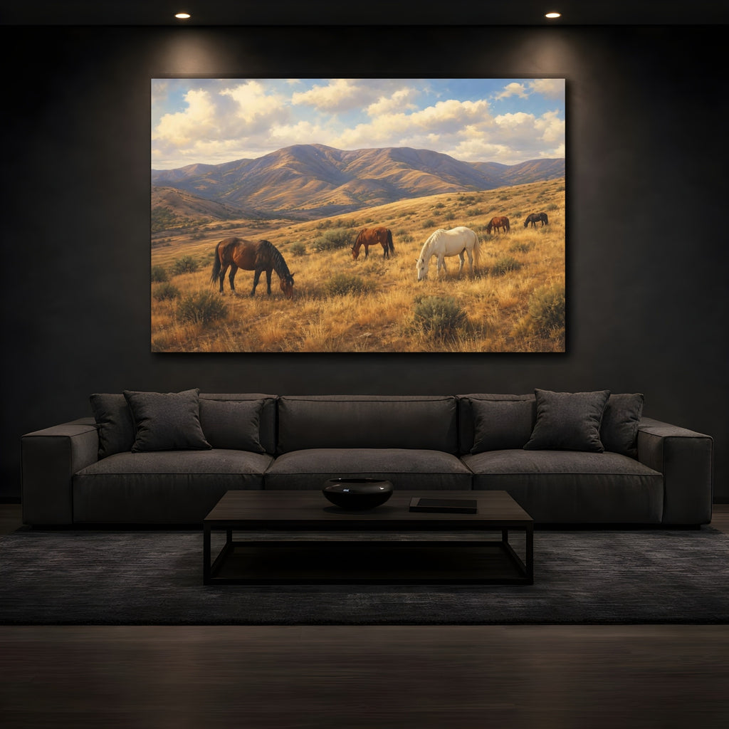 Mockup 3. Animals Wild Horses Golden Horse Landscape shown as stretched canvas wall art