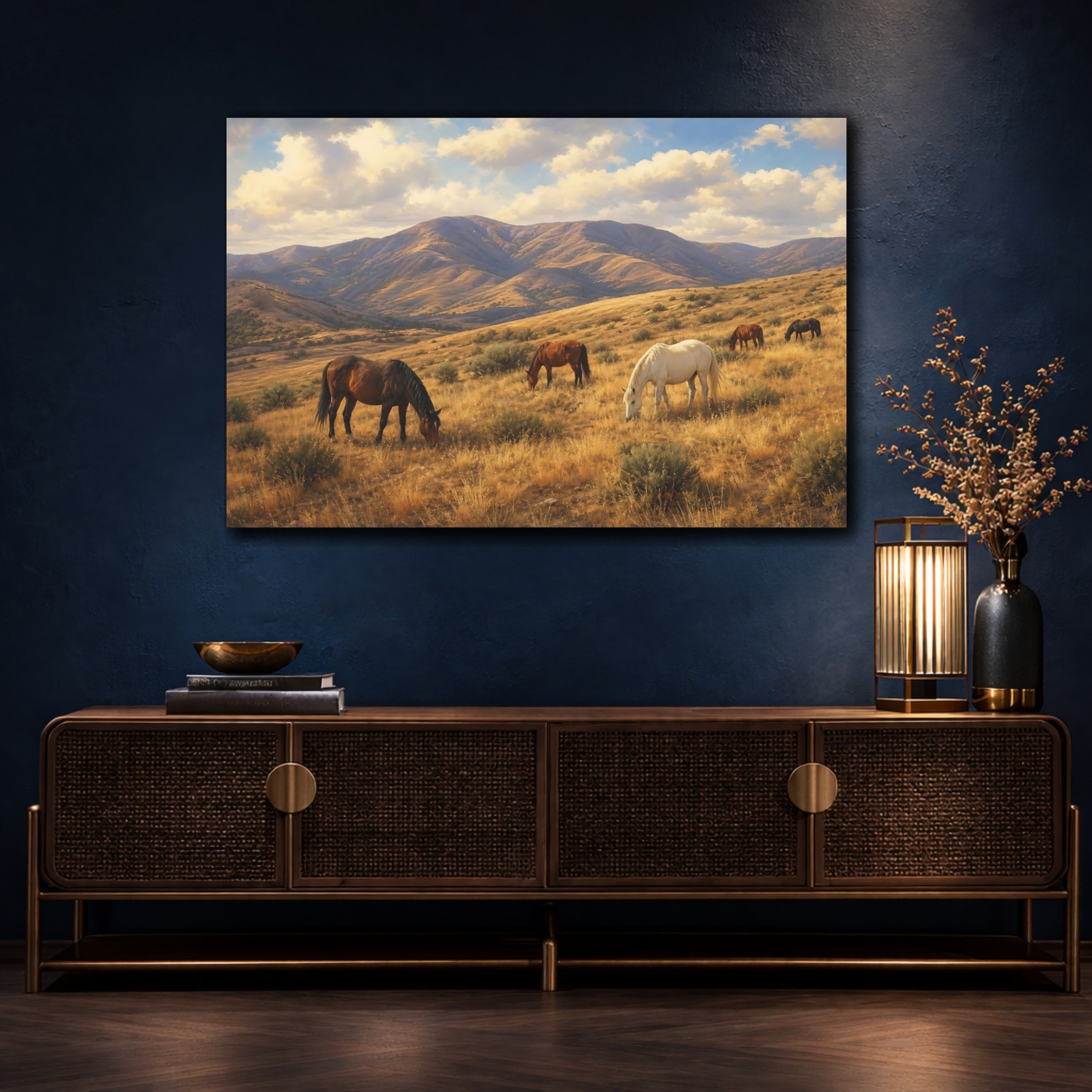 Mockup 4. Animals Wild Horses Golden Horse Landscape shown as stretched canvas wall art