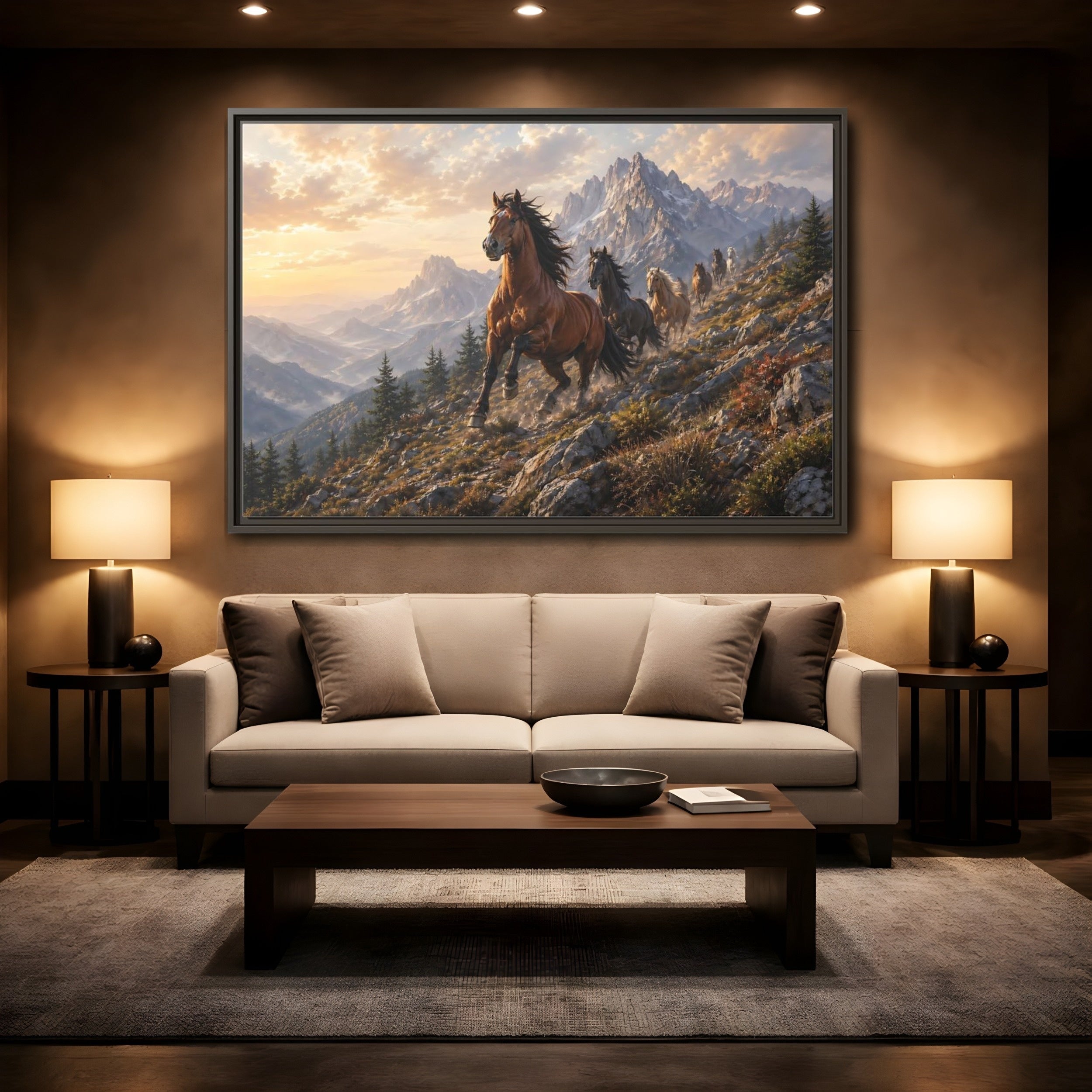 Mockup 2. Animals Wild Horses Horses Mountain Sunset shown as stretched canvas wall art
