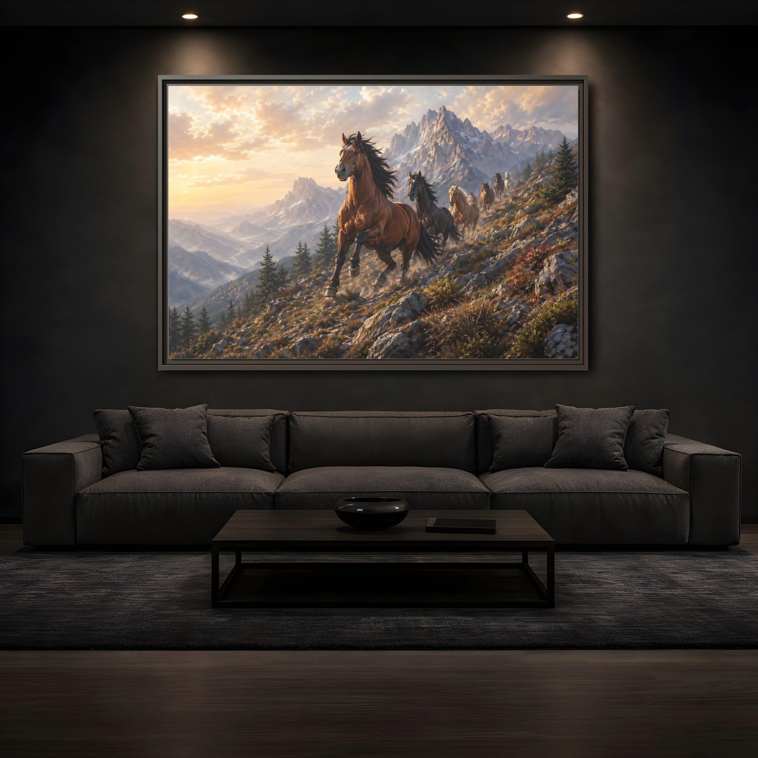 Mockup 3. Animals Wild Horses Horses Mountain Sunset shown as stretched canvas wall art