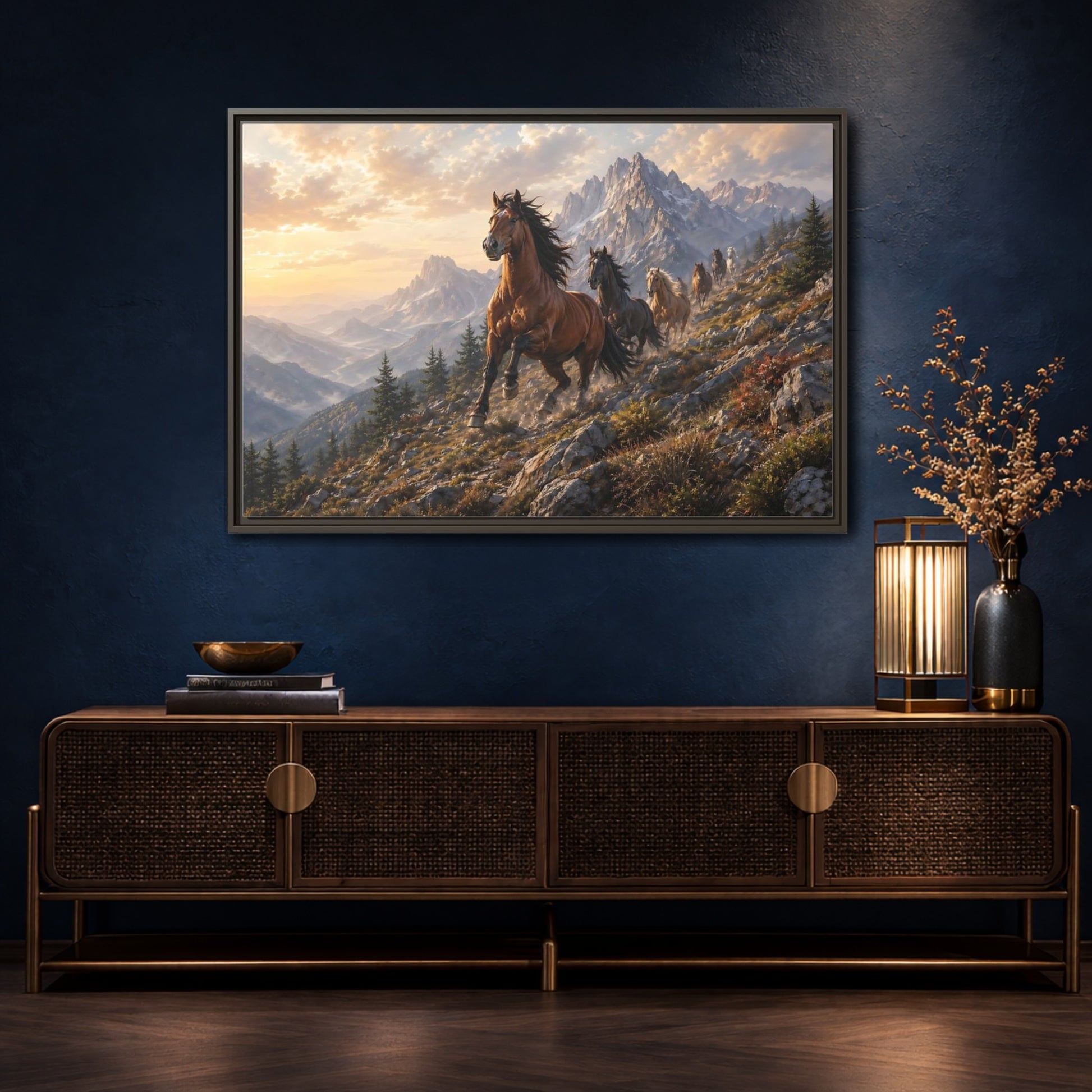 Mockup 4. Animals Wild Horses Horses Mountain Sunset shown as stretched canvas wall art