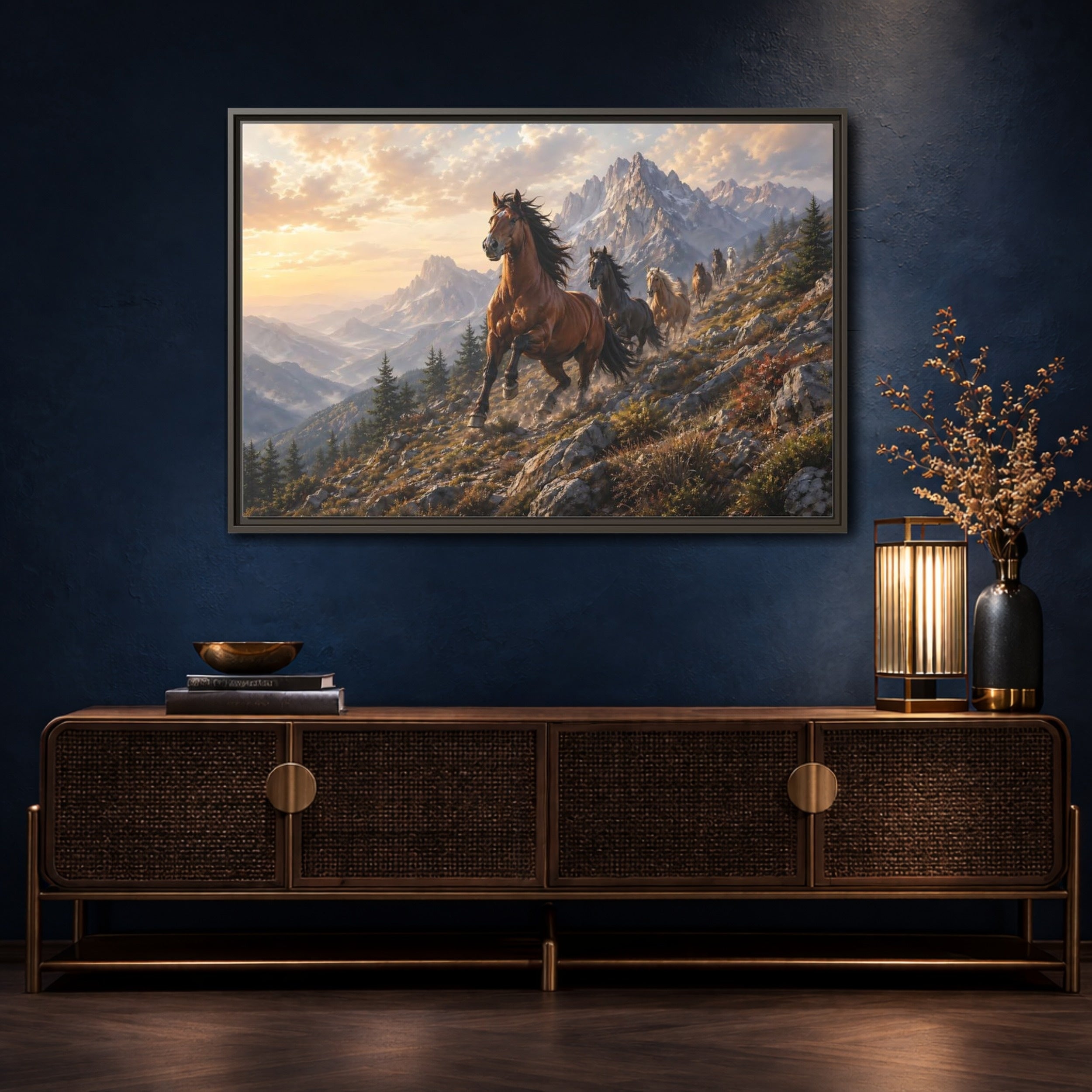 Mockup 4. Animals Wild Horses Horses Mountain Sunset shown as stretched canvas wall art