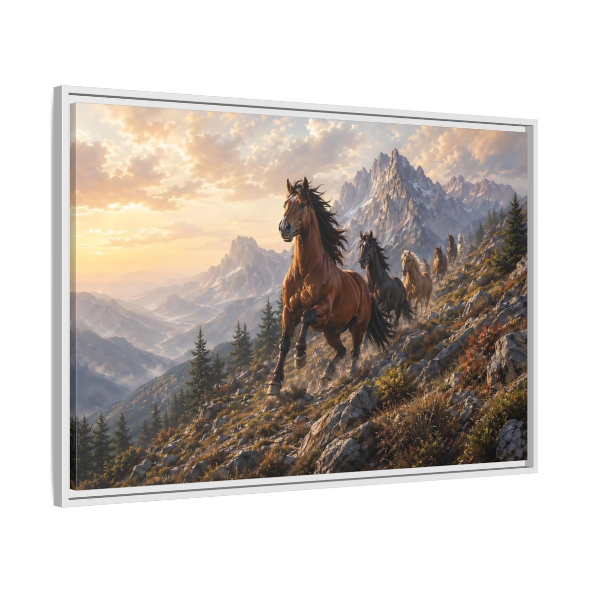 Side Mockup 9. Animals Wild Horses Horses Mountain Sunset shown as stretched canvas wall art