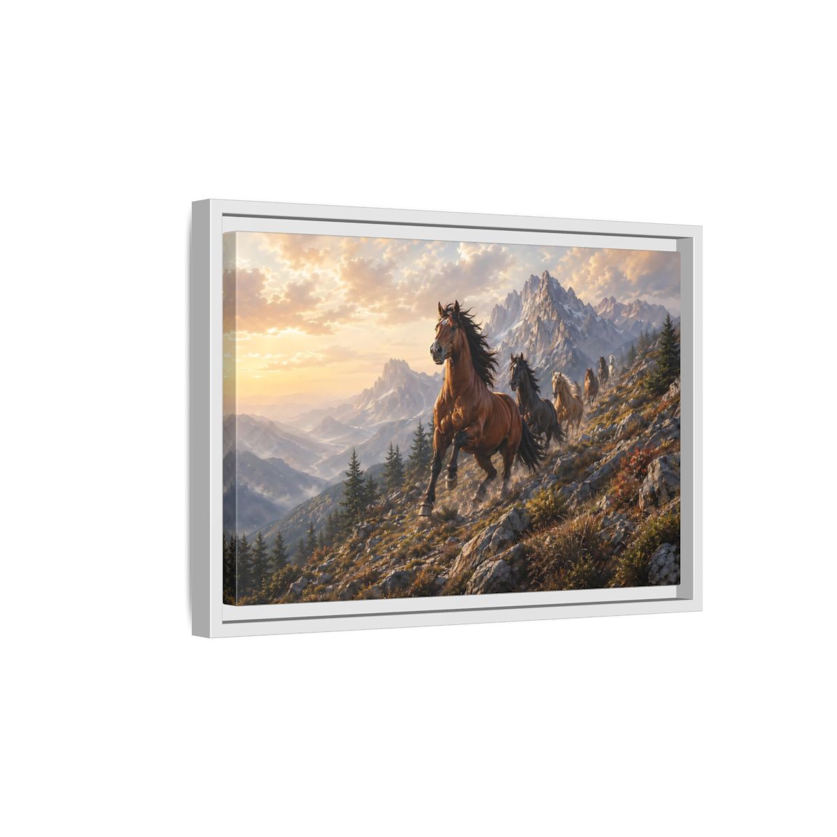 Side Mockup 4. Animals Wild Horses Horses Mountain Sunset shown as stretched canvas wall art