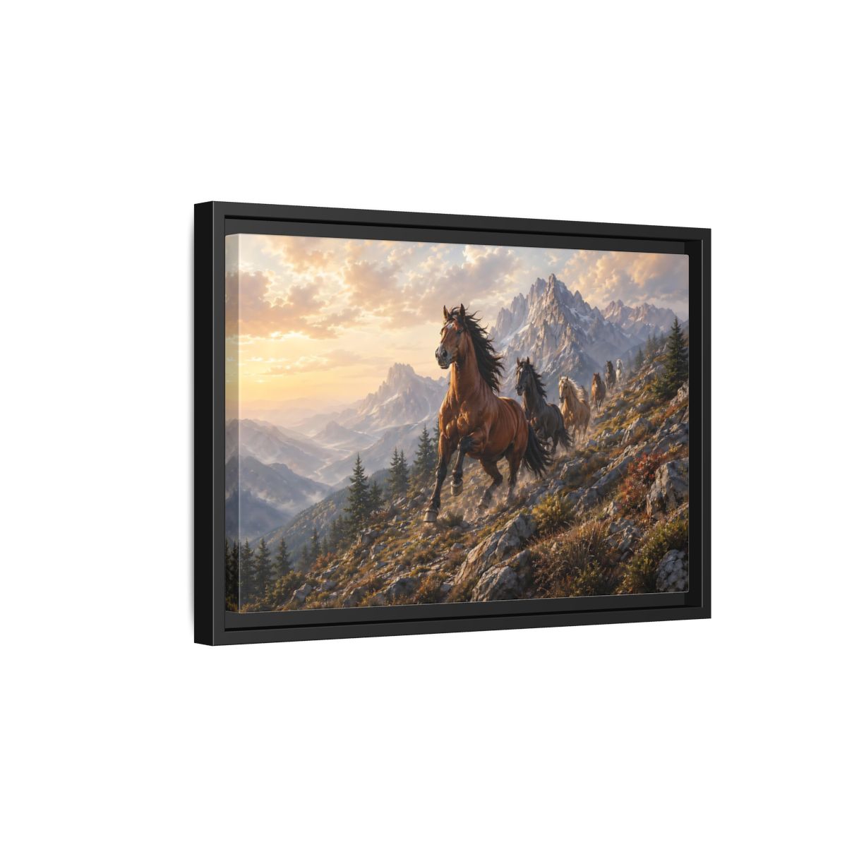 Side Mockup 6. Animals Wild Horses Horses Mountain Sunset shown as stretched canvas wall art
