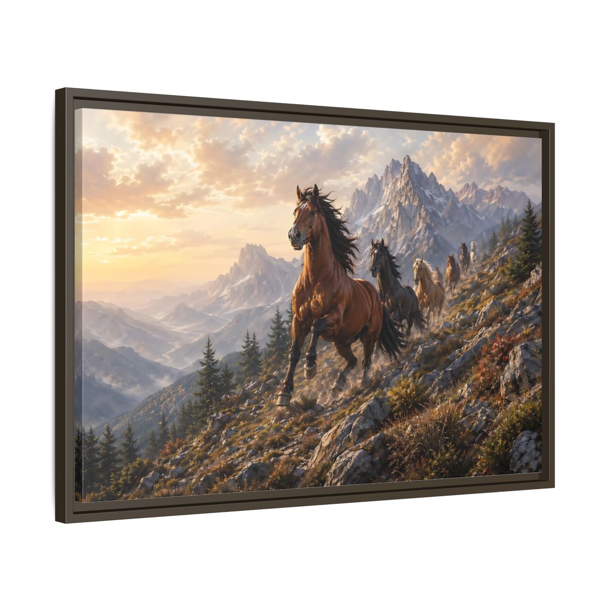Side Mockup 11. Animals Wild Horses Horses Mountain Sunset shown as stretched canvas wall art