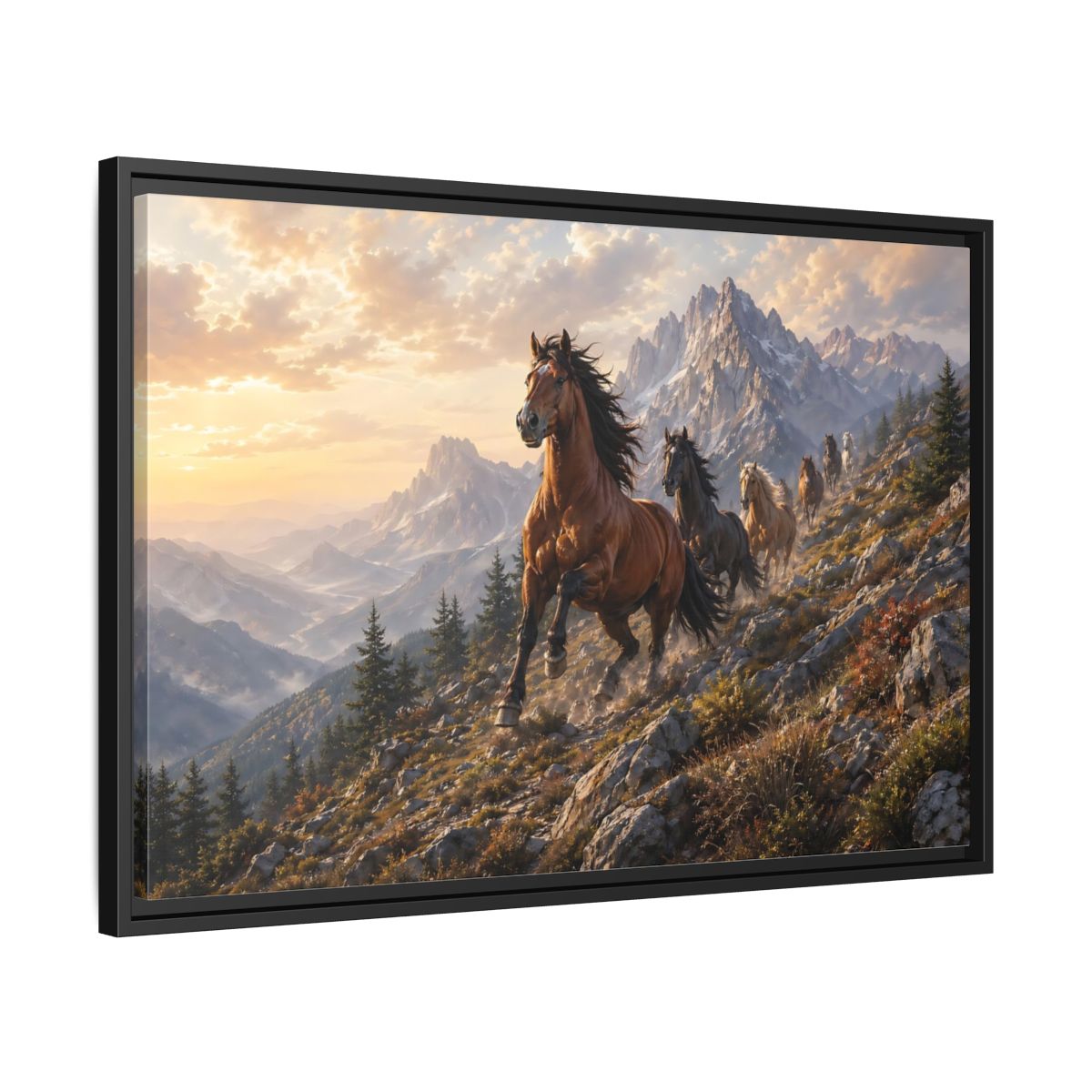 Side Mockup 14. Animals Wild Horses Horses Mountain Sunset shown as stretched canvas wall art
