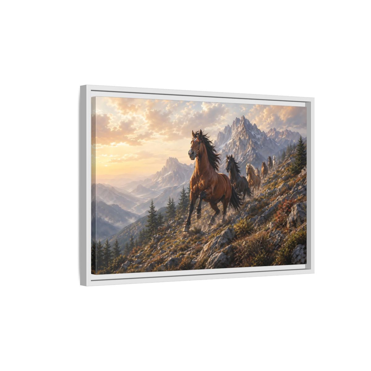 Side Mockup 1. Animals Wild Horses Horses Mountain Sunset shown as stretched canvas wall art