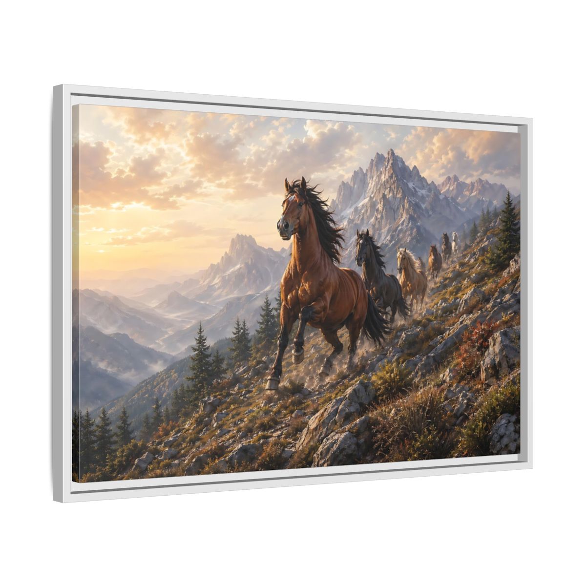 Side Mockup 10. Animals Wild Horses Horses Mountain Sunset shown as stretched canvas wall art