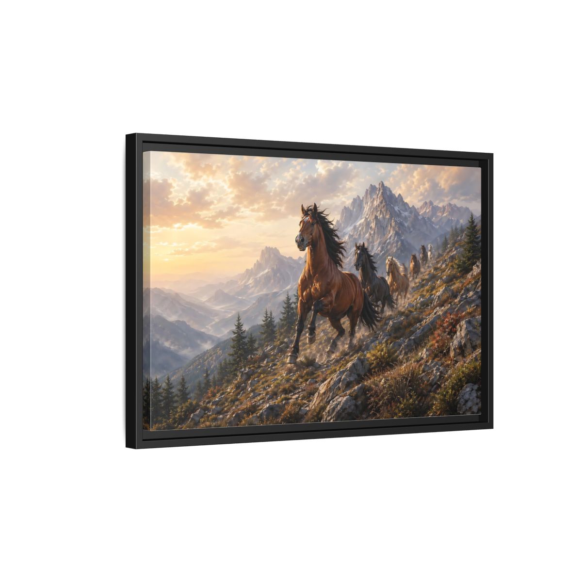 Side Mockup 3. Animals Wild Horses Horses Mountain Sunset shown as stretched canvas wall art