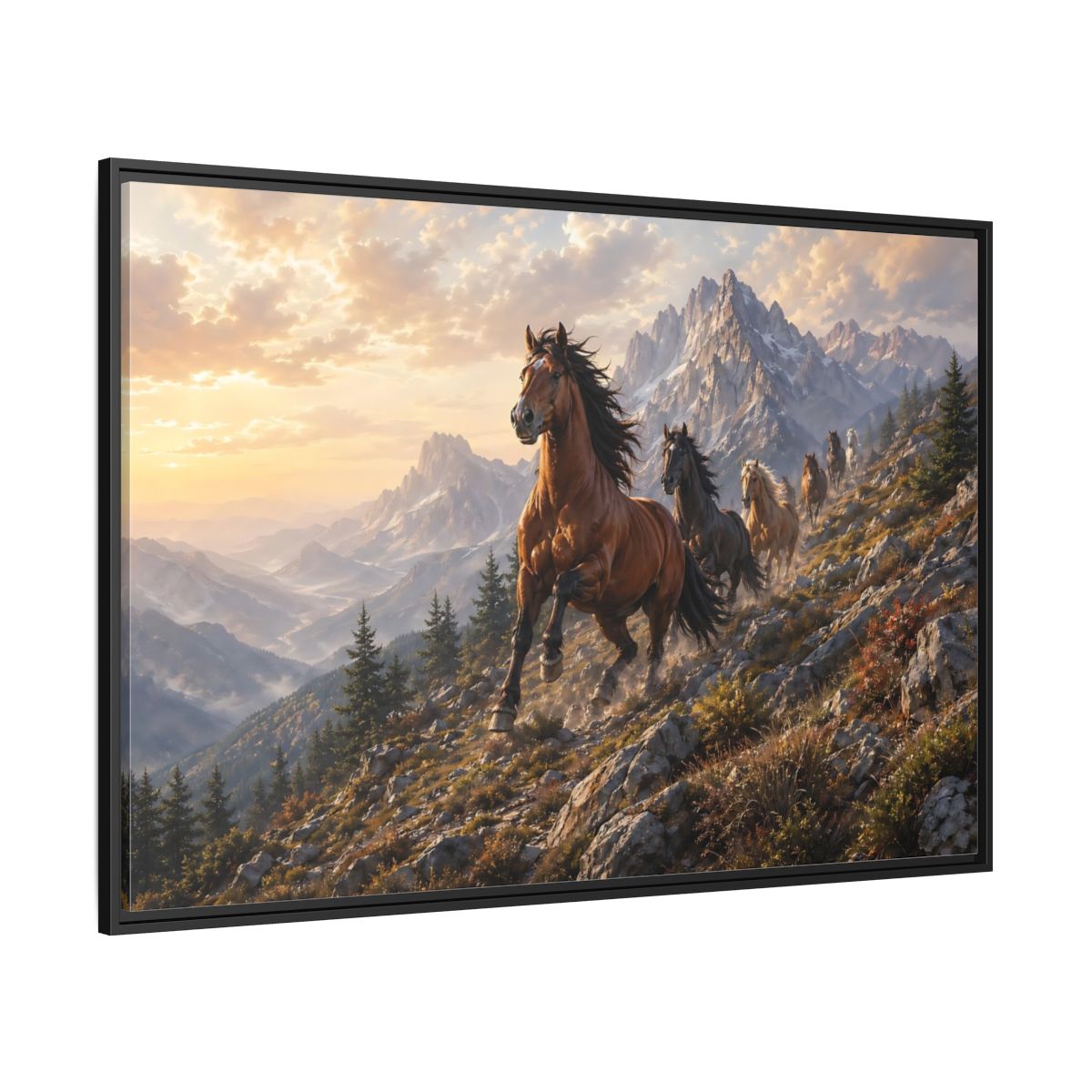 Side Mockup 12. Animals Wild Horses Horses Mountain Sunset shown as stretched canvas wall art