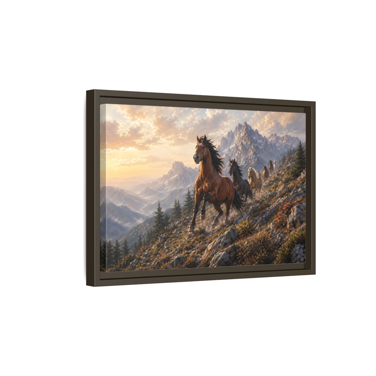 Side Mockup 5. Animals Wild Horses Horses Mountain Sunset shown as stretched canvas wall art