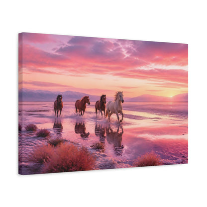 Side Mockup 3. Animals Wild Horses Pink Sunset Horses shown as stretched canvas wall art