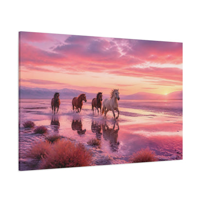 Side Mockup 1. Animals Wild Horses Pink Sunset Horses shown as stretched canvas wall art