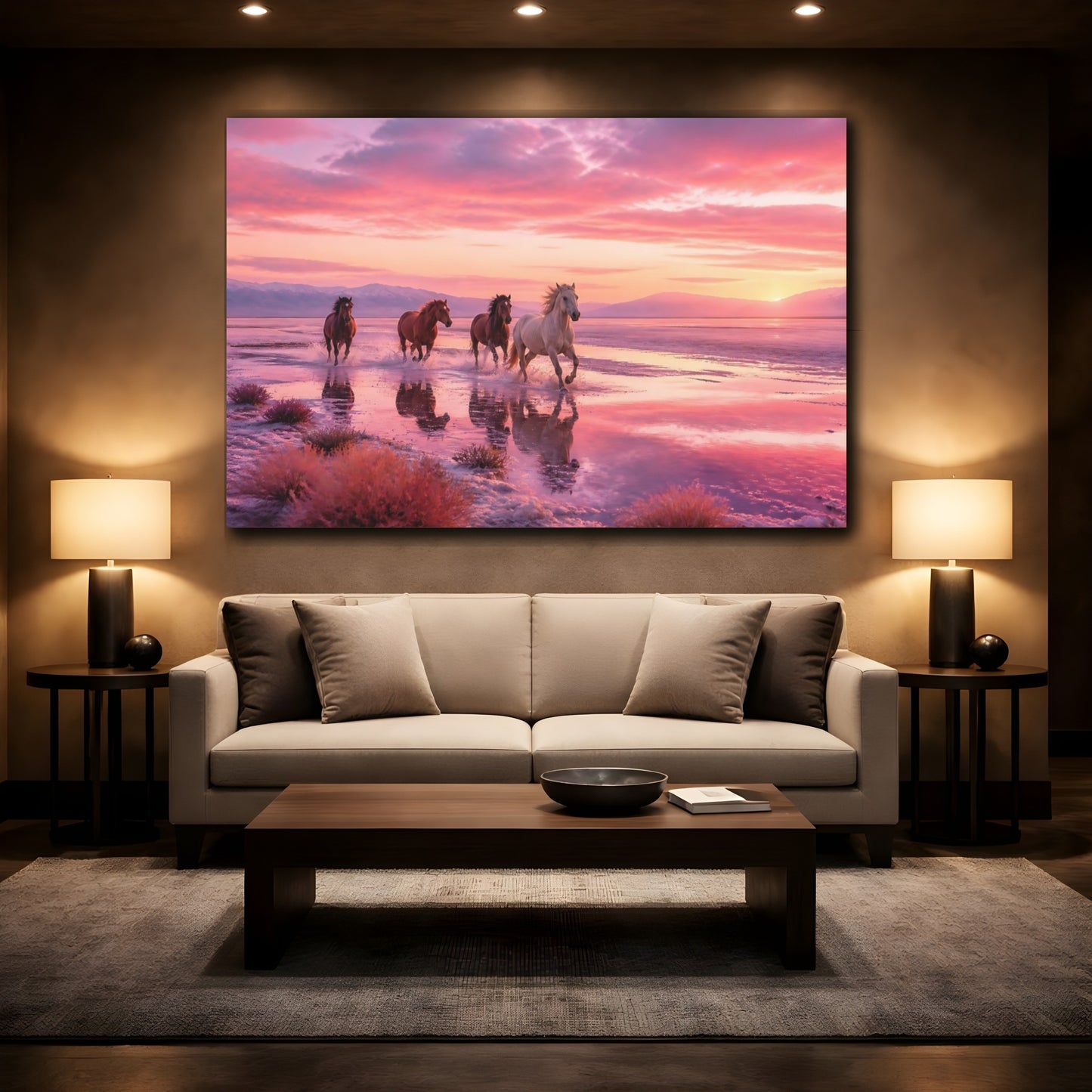 Mockup 2. Animals Wild Horses Pink Sunset Horses shown as stretched canvas wall art