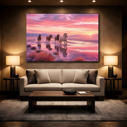 Mockup 2. Animals Wild Horses Pink Sunset Horses shown as stretched canvas wall art