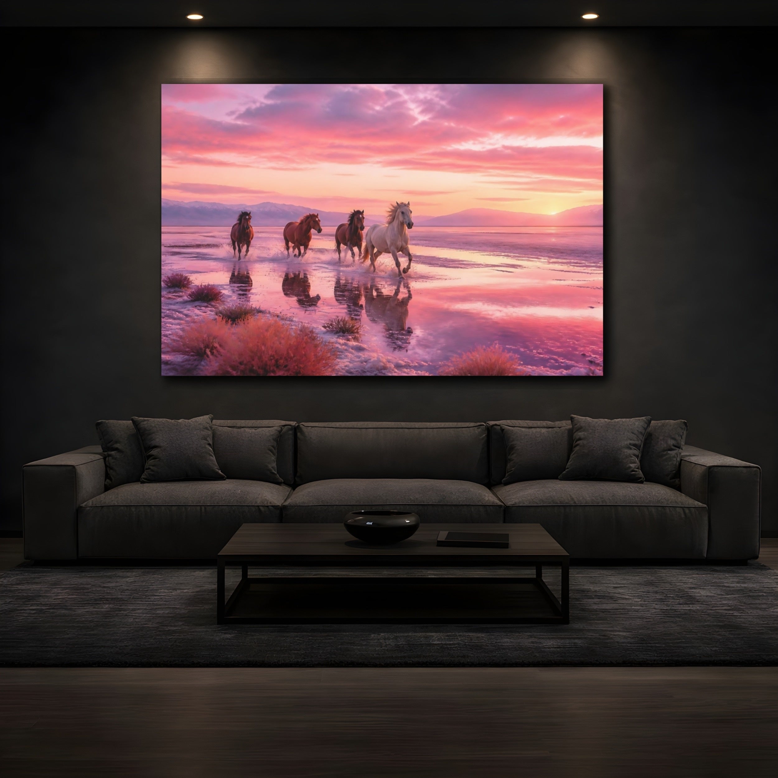 Mockup 3. Animals Wild Horses Pink Sunset Horses shown as stretched canvas wall art