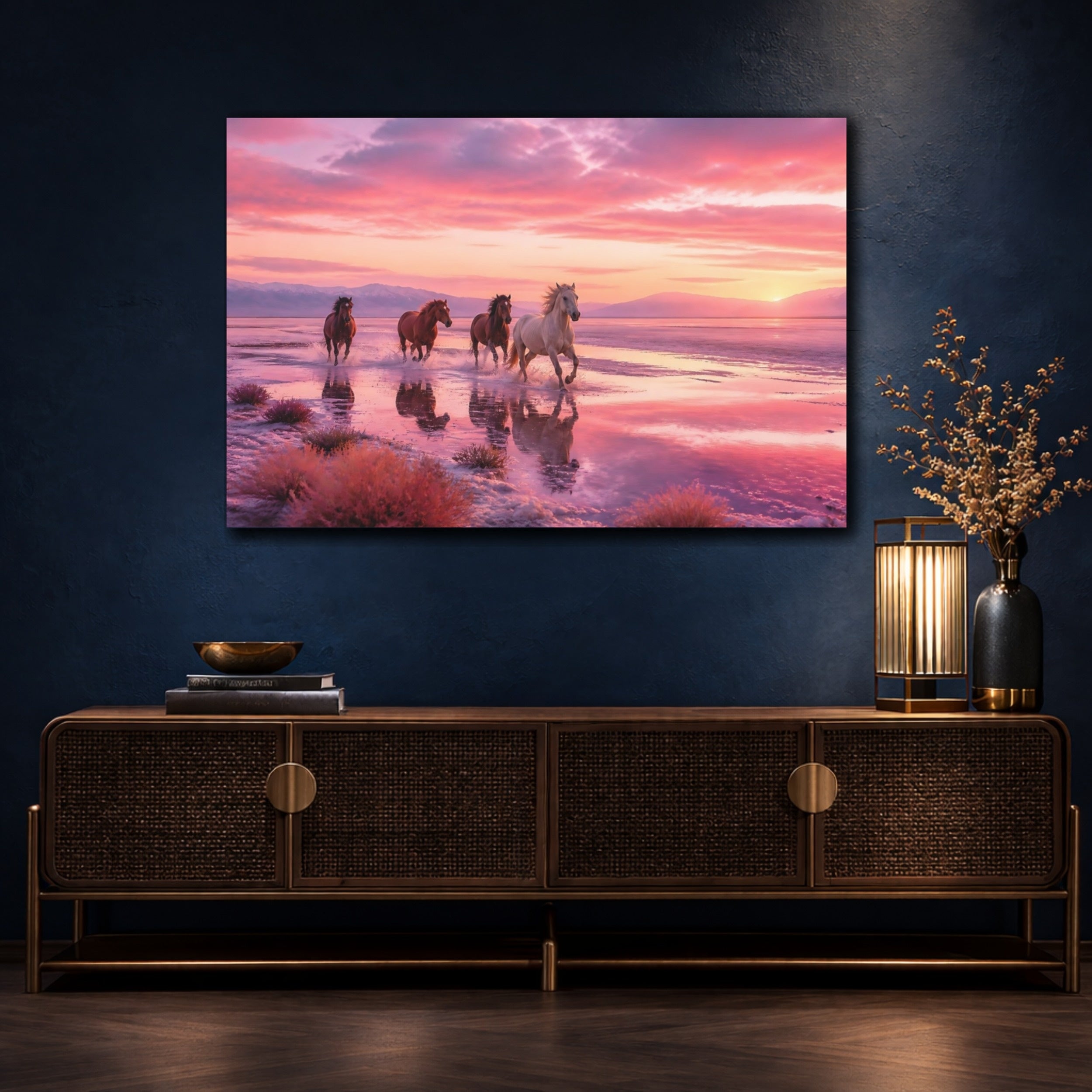 Mockup 4. Animals Wild Horses Pink Sunset Horses shown as stretched canvas wall art