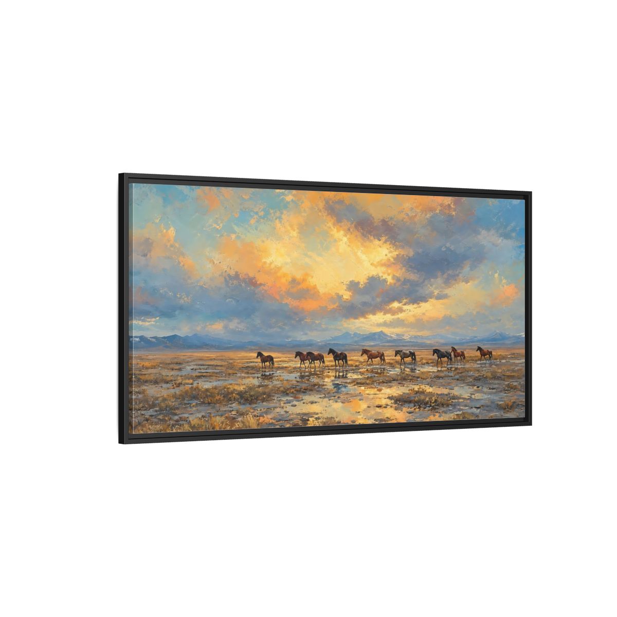 Side Mockup 5. Animals Wild Horses Sunset Horses shown as stretched canvas wall art
