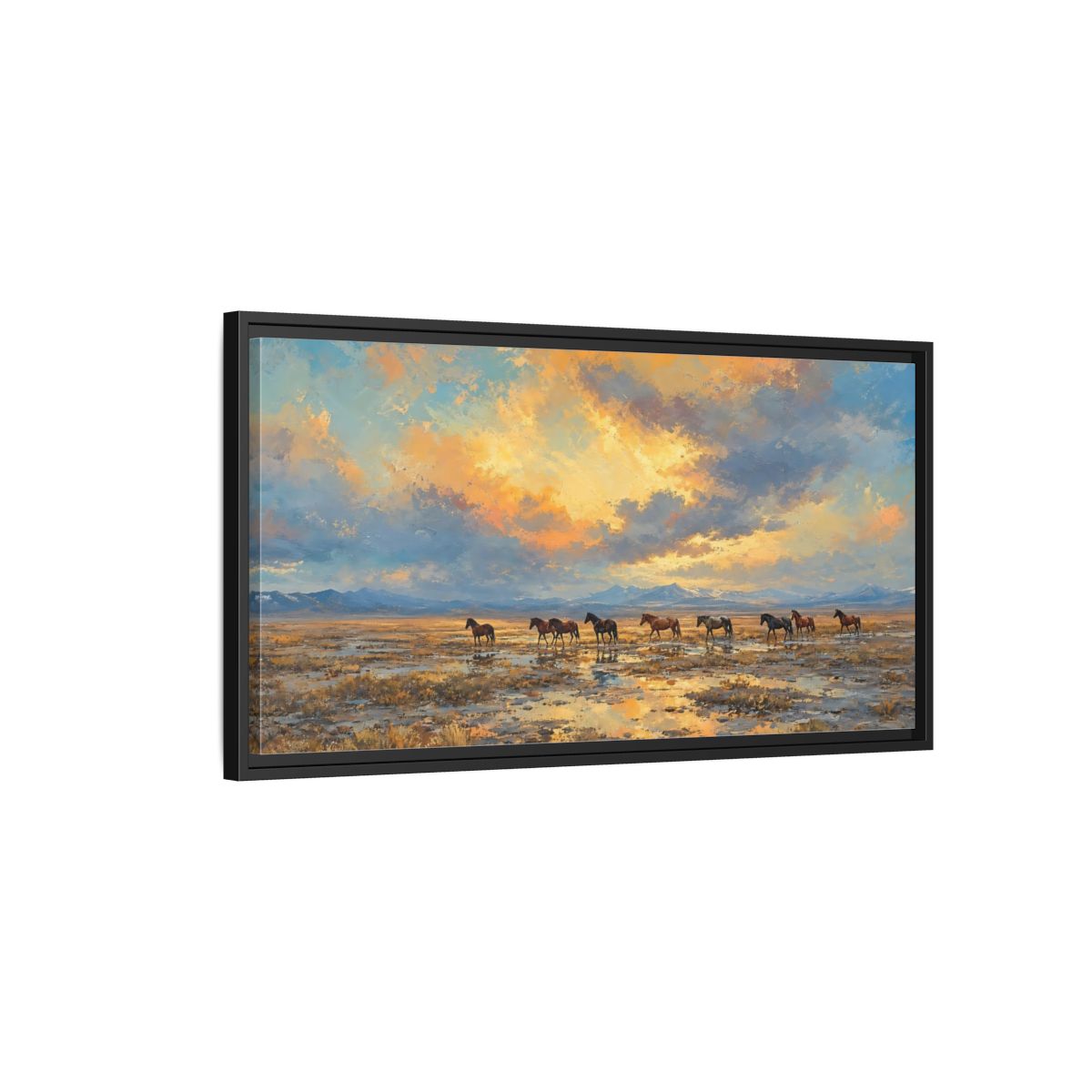 Side Mockup 2. Animals Wild Horses Sunset Horses shown as stretched canvas wall art
