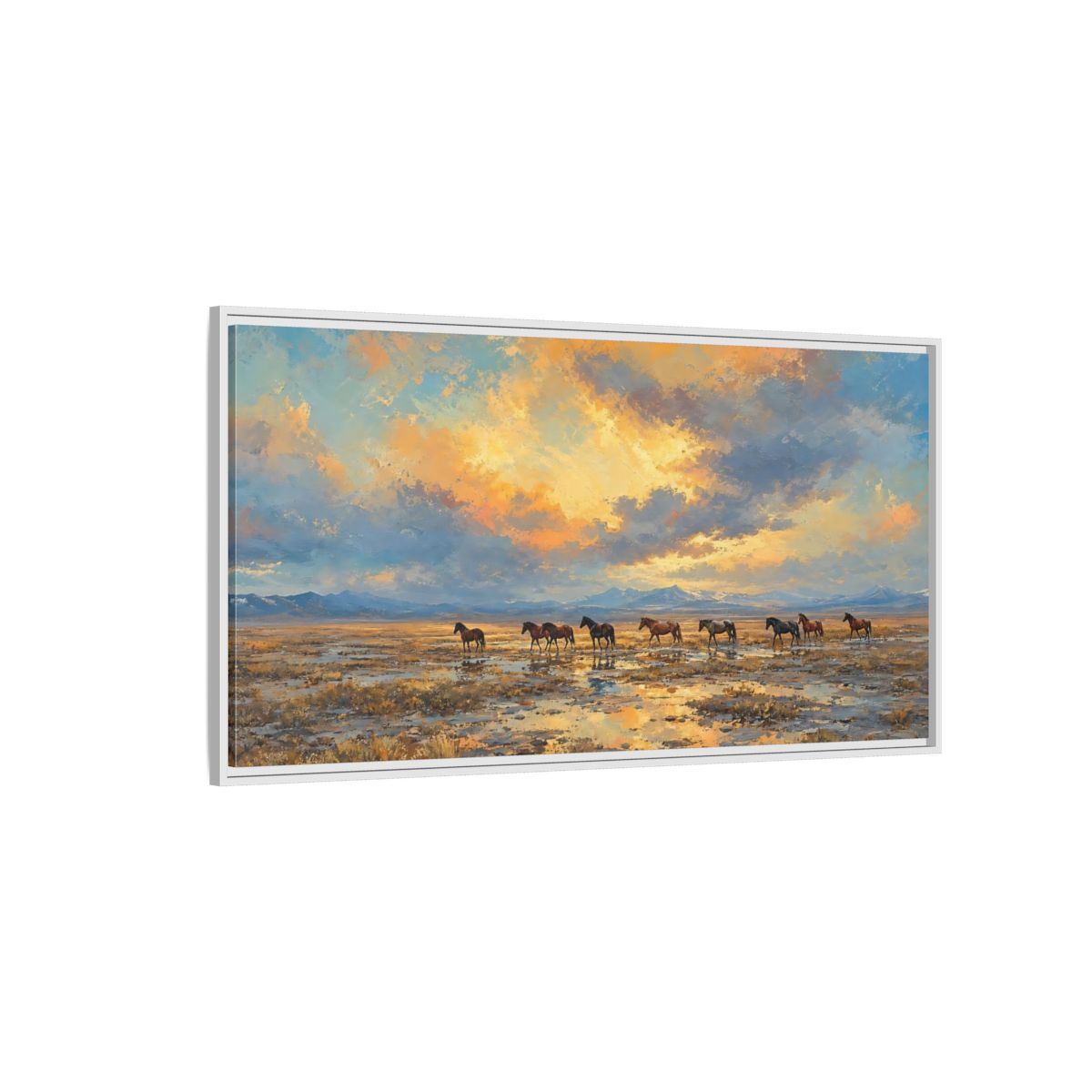 Side Mockup 3. Animals Wild Horses Sunset Horses shown as stretched canvas wall art